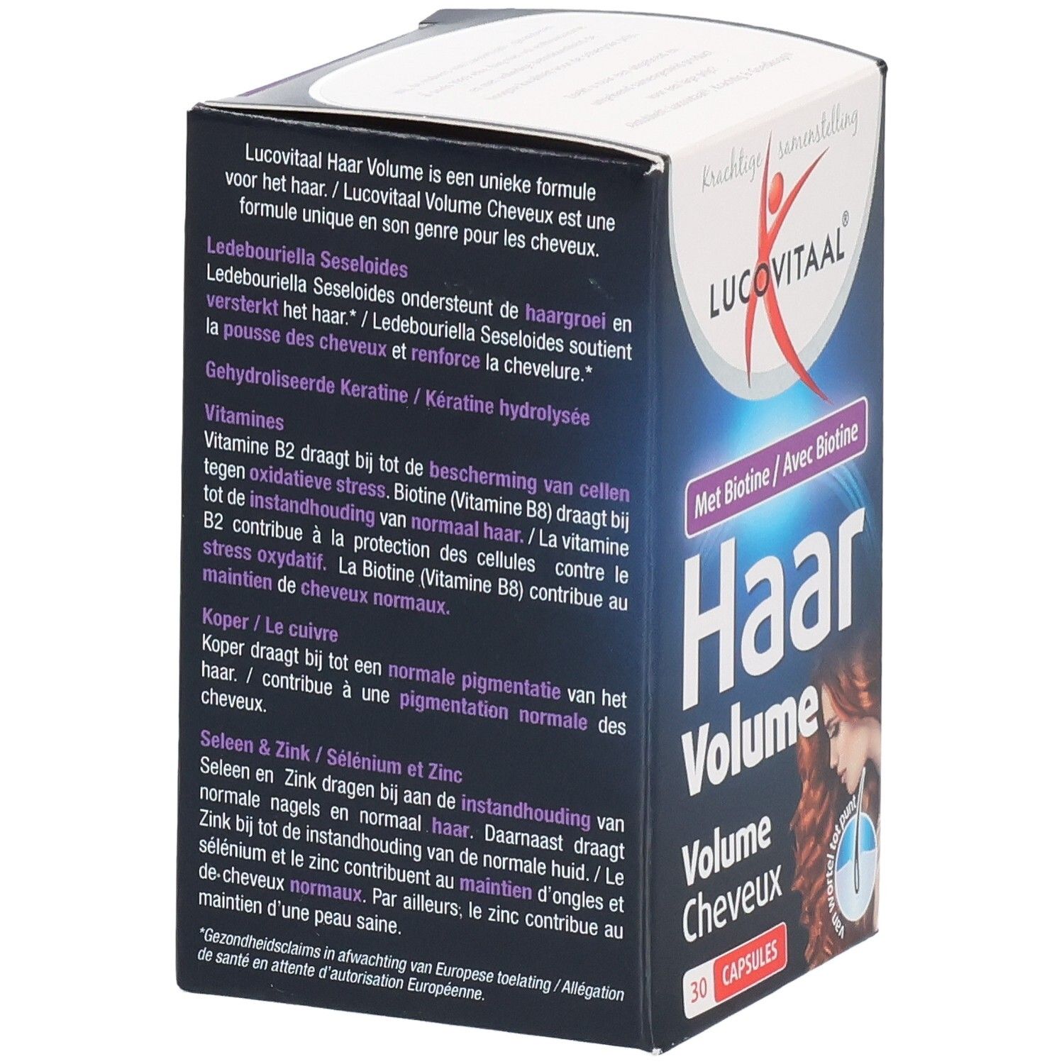 Rückseite der Lucovitaal Haar Volume Verpackung. Text in Niederländisch und Französisch, Inhaltsstoffe und Logo.