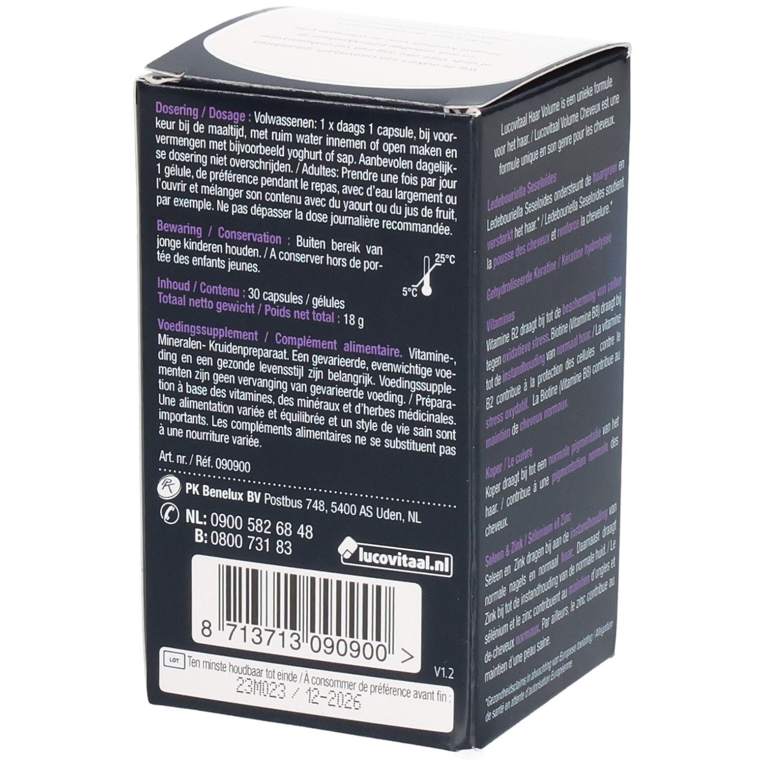 Rückseite der Lucovitaal Haar Volume Verpackung. Dosierung, Lagerung, Inhaltsstoffe und Mindesthaltbarkeitsdatum.