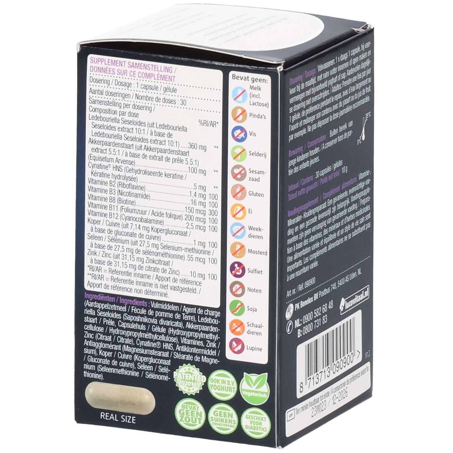 Rückseite der Lucovitaal Haar Volume Verpackung. Nährwertangaben, Inhaltsstoffe und Allergene.