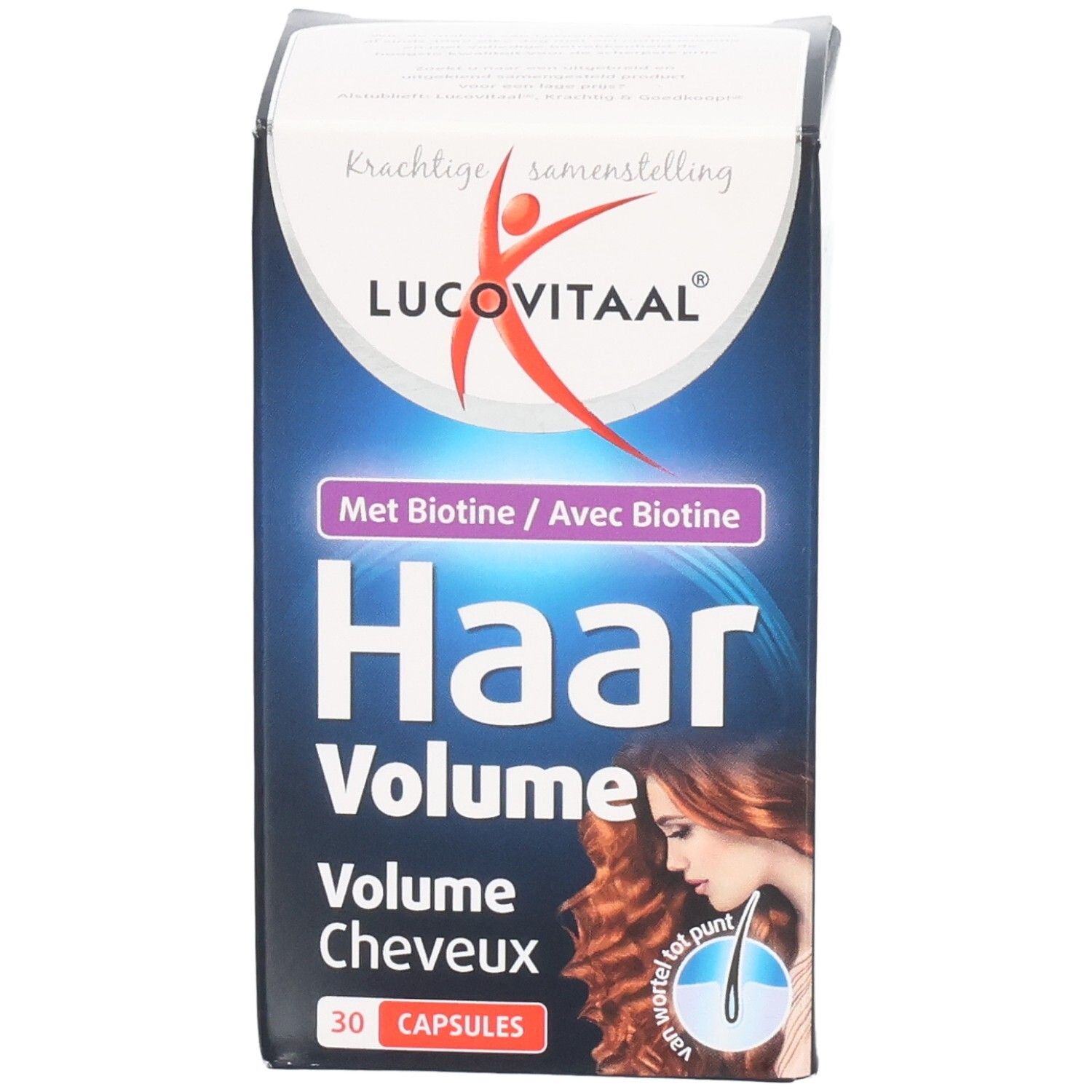 Vorderseite der Lucovitaal Haar Volume Verpackung. Produktname, Bild einer Frau und 30 Kapseln.
