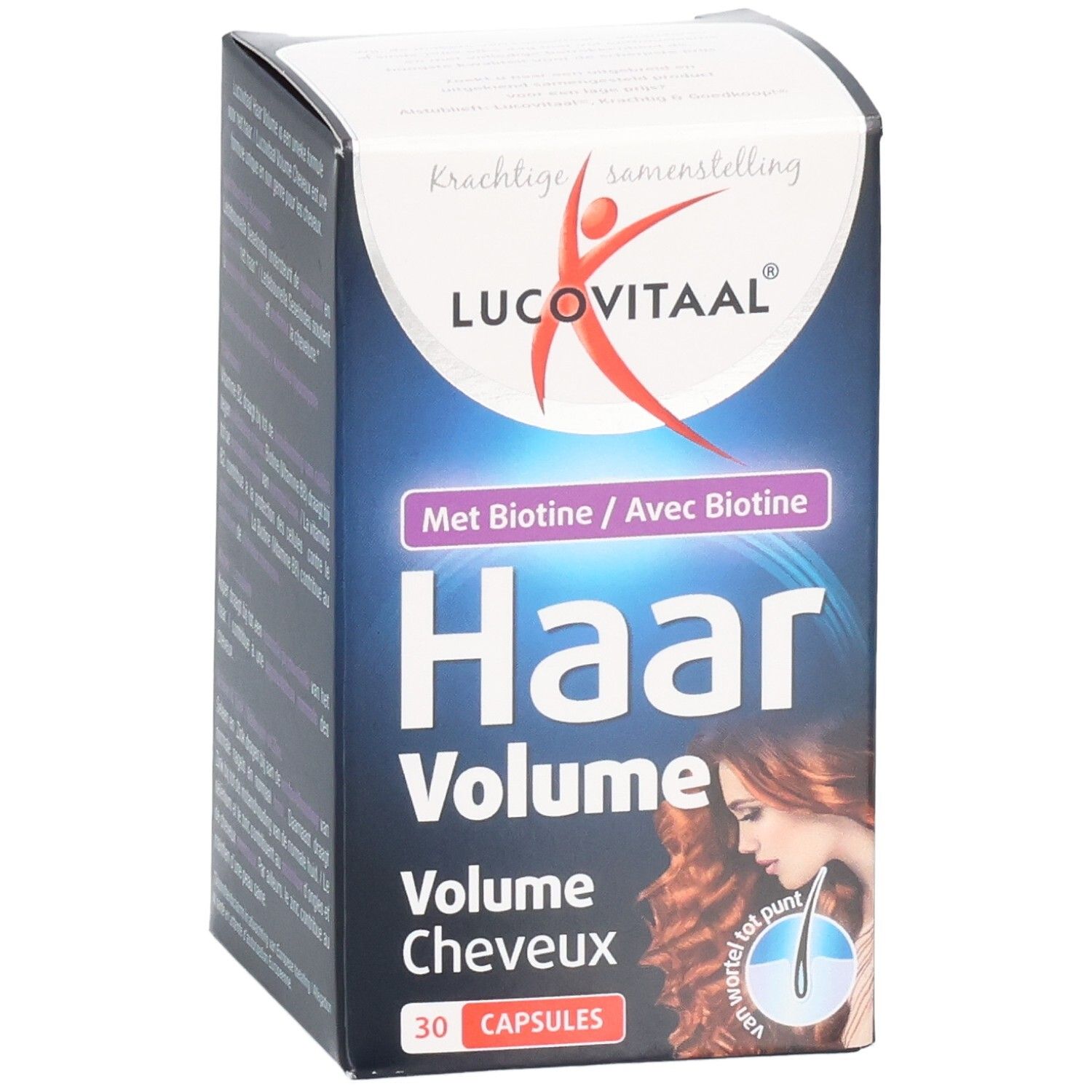 Vorderseite der Lucovitaal Haar Volume Verpackung. Produktname, Bild einer Frau und 30 Kapseln.