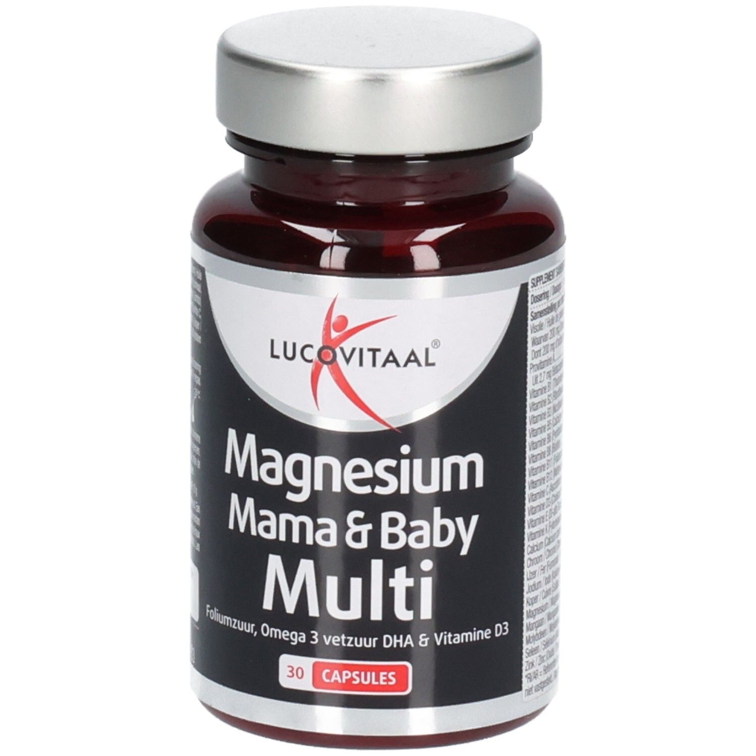 Braune Flasche mit Kapseln. Aufschrift: Lucovitaal, Magnesium Mama & Baby Multi, 30 Kapseln.