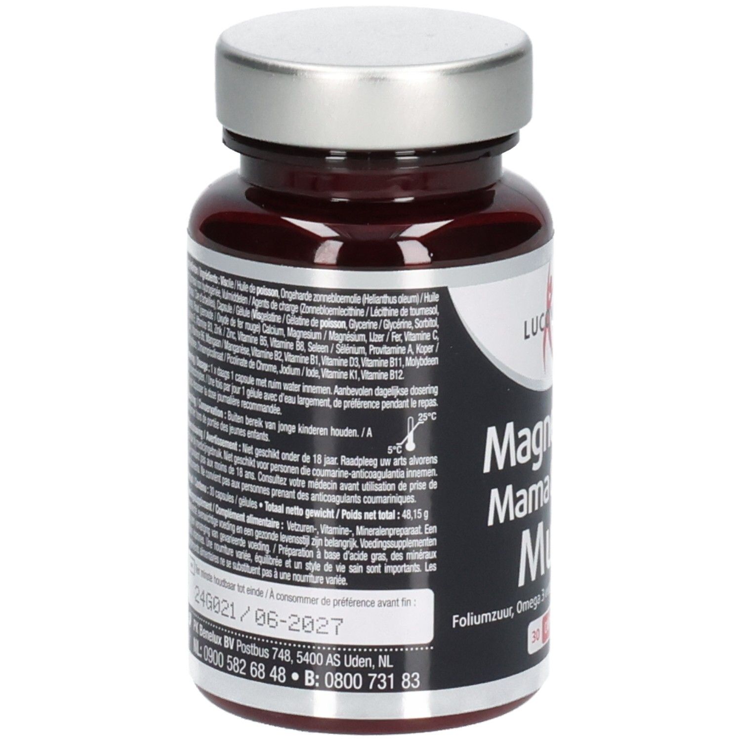 Rückseite der Flasche mit Produktinformationen. Aufschrift: Lucovitaal, Magnesium Mama & Baby Multi.