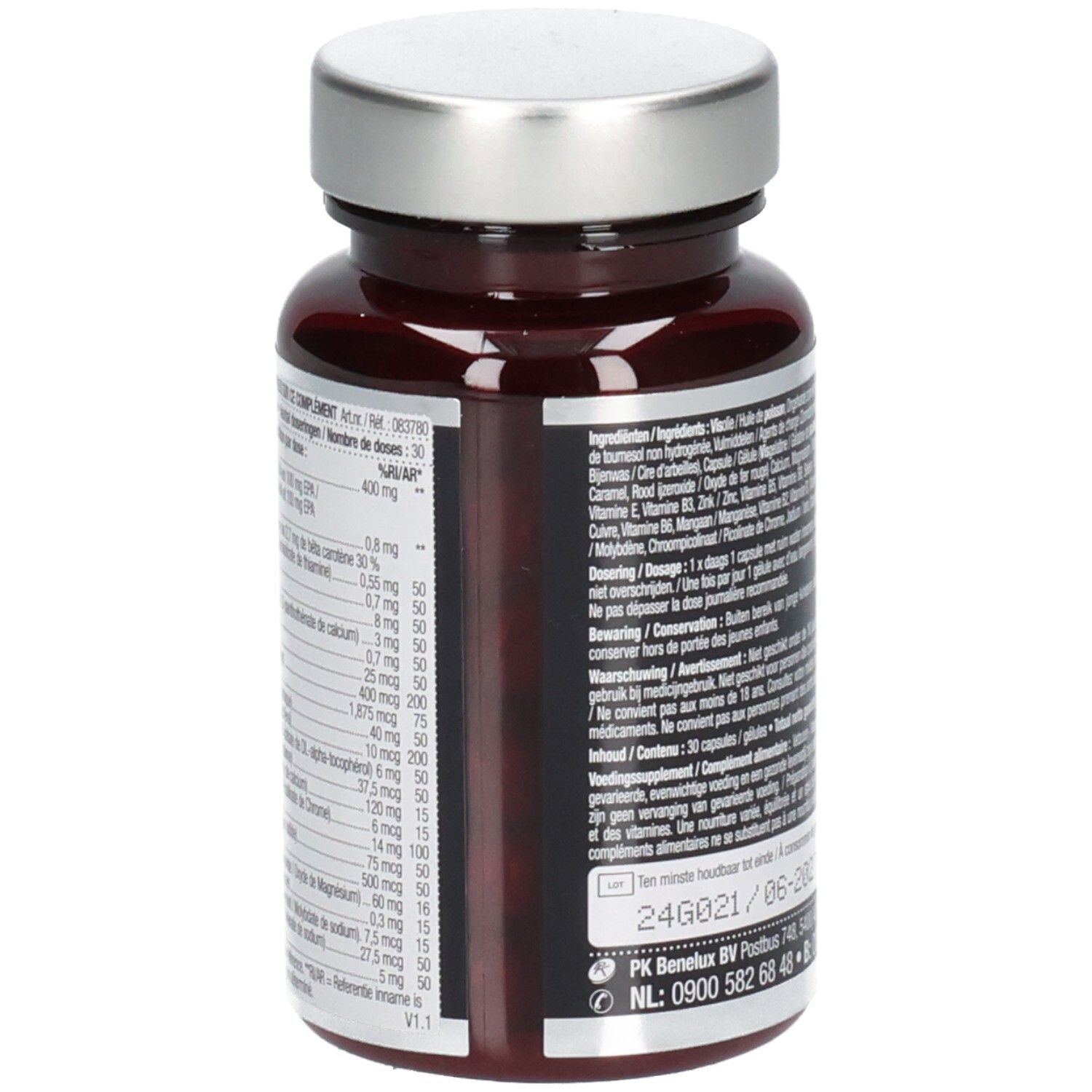 Rückseite der Flasche mit Inhaltsstoffen und Dosierung. Aufschrift: Lucovitaal, Magnesium Mama & Baby Multi.