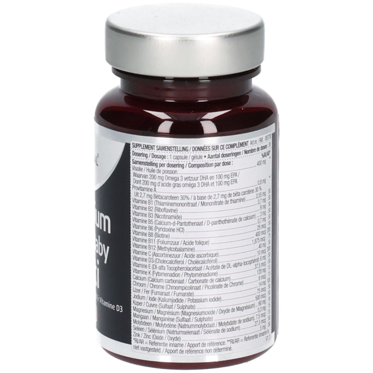 Rückseite der Flasche mit Nährwertangaben. Aufschrift: Lucovitaal, Magnesium Mama & Baby Multi.