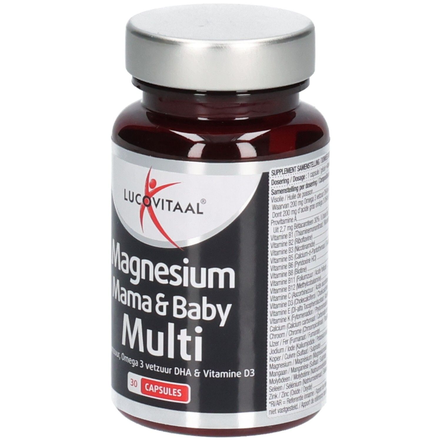 Braune Flasche mit Kapseln. Aufschrift: Lucovitaal, Magnesium Mama & Baby Multi, 30 Kapseln.