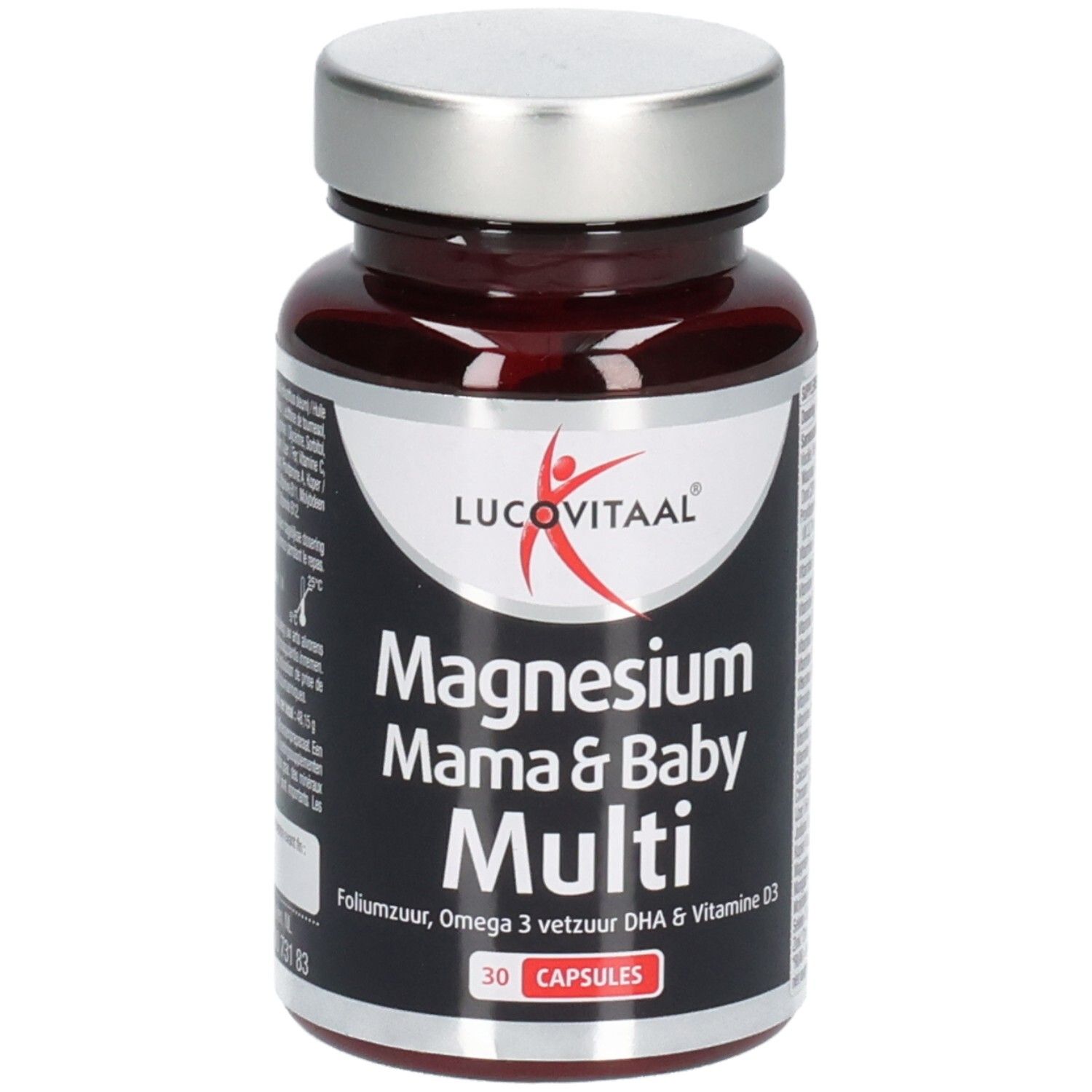 Braune Flasche mit Kapseln. Aufschrift: Lucovitaal, Magnesium Mama & Baby Multi, 30 Kapseln.