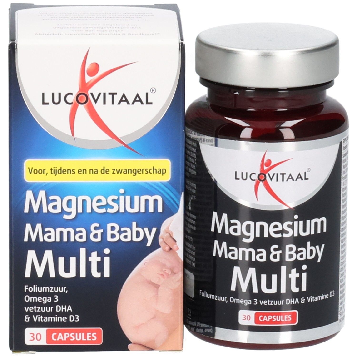 Produktverpackung und Flasche. Aufschrift: Lucovitaal, Magnesium Mama & Baby Multi, 30 Kapseln.
