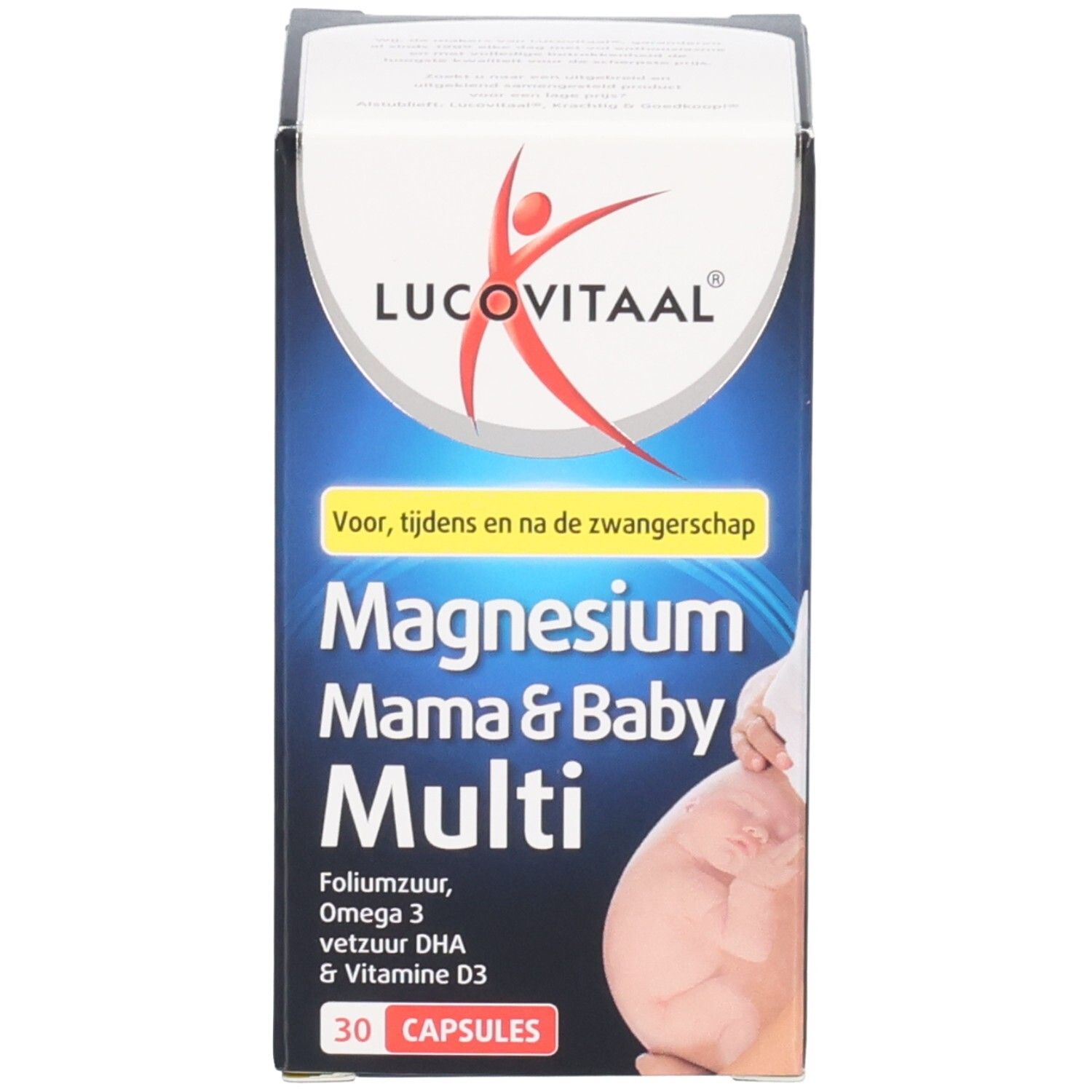 Produktverpackung. Aufschrift: Lucovitaal, Magnesium Mama & Baby Multi, 30 Kapseln.