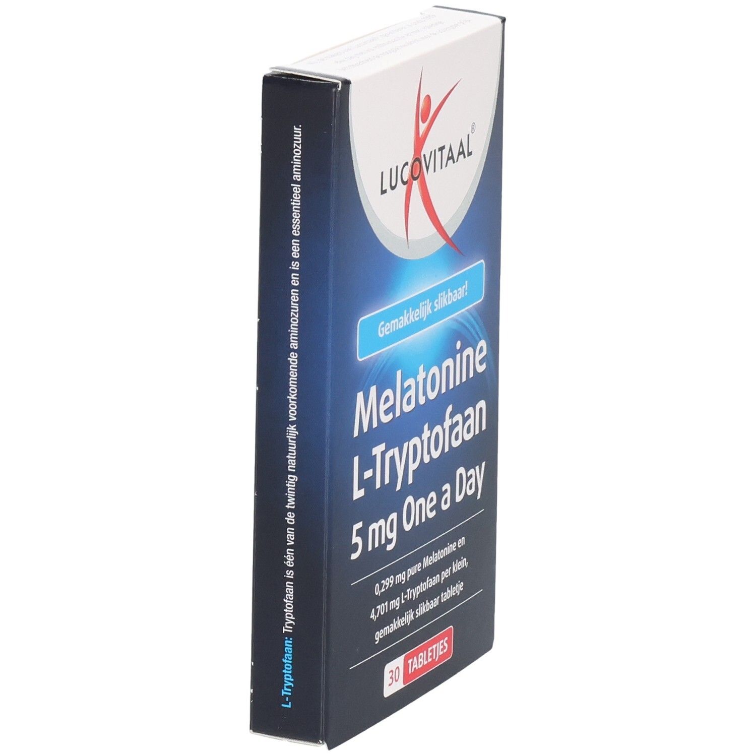 Seitenansicht der Schachtel "Lucovitaal Melatonine L-Tryptofaan". Blaue und weiße Verpackung. Text: "Gemakkelijk slikbaar!".