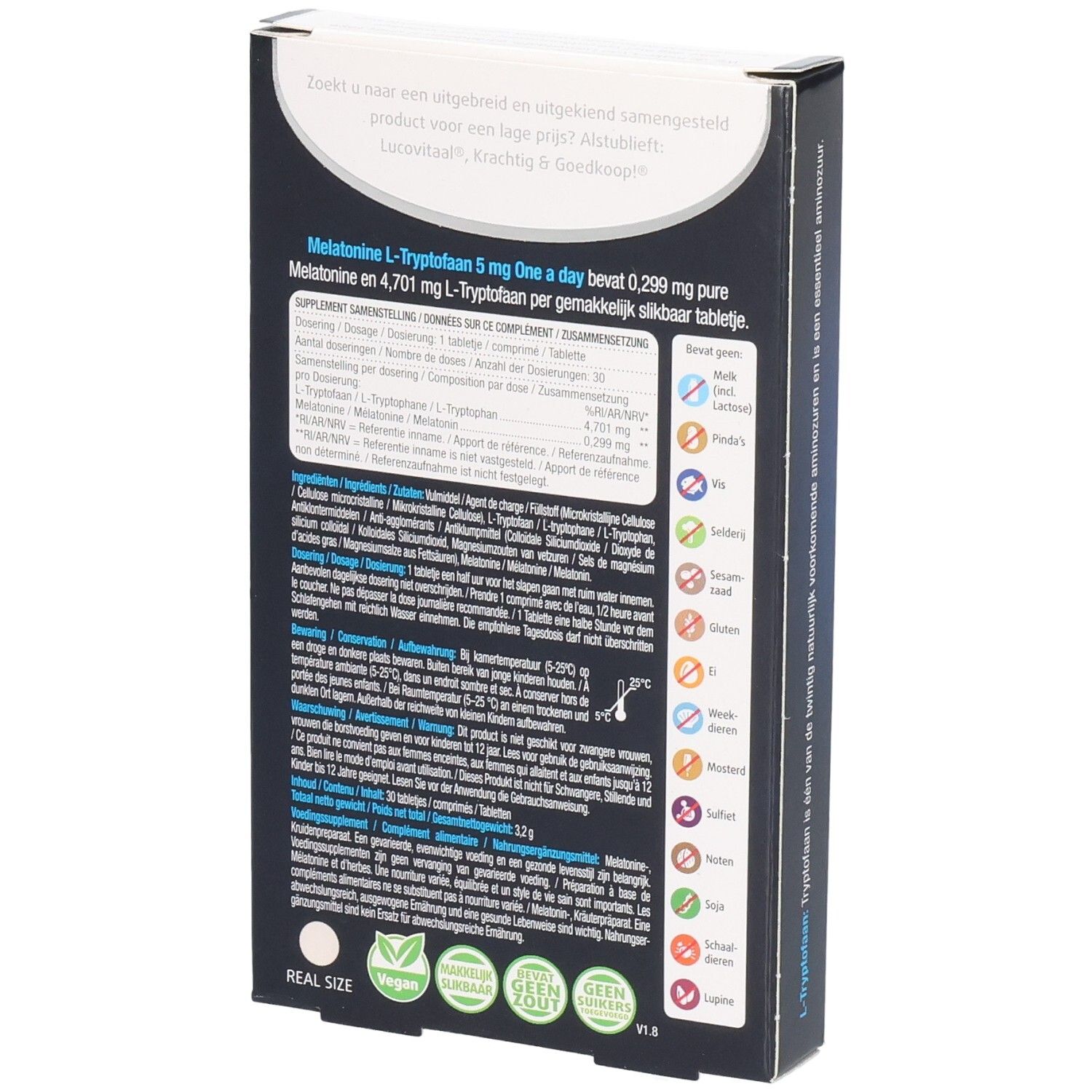 Rückseite der Schachtel "Lucovitaal Melatonine L-Tryptofaan". Enthält Informationen zu Inhaltsstoffen und Nährwerten. Verschiedene Logos.