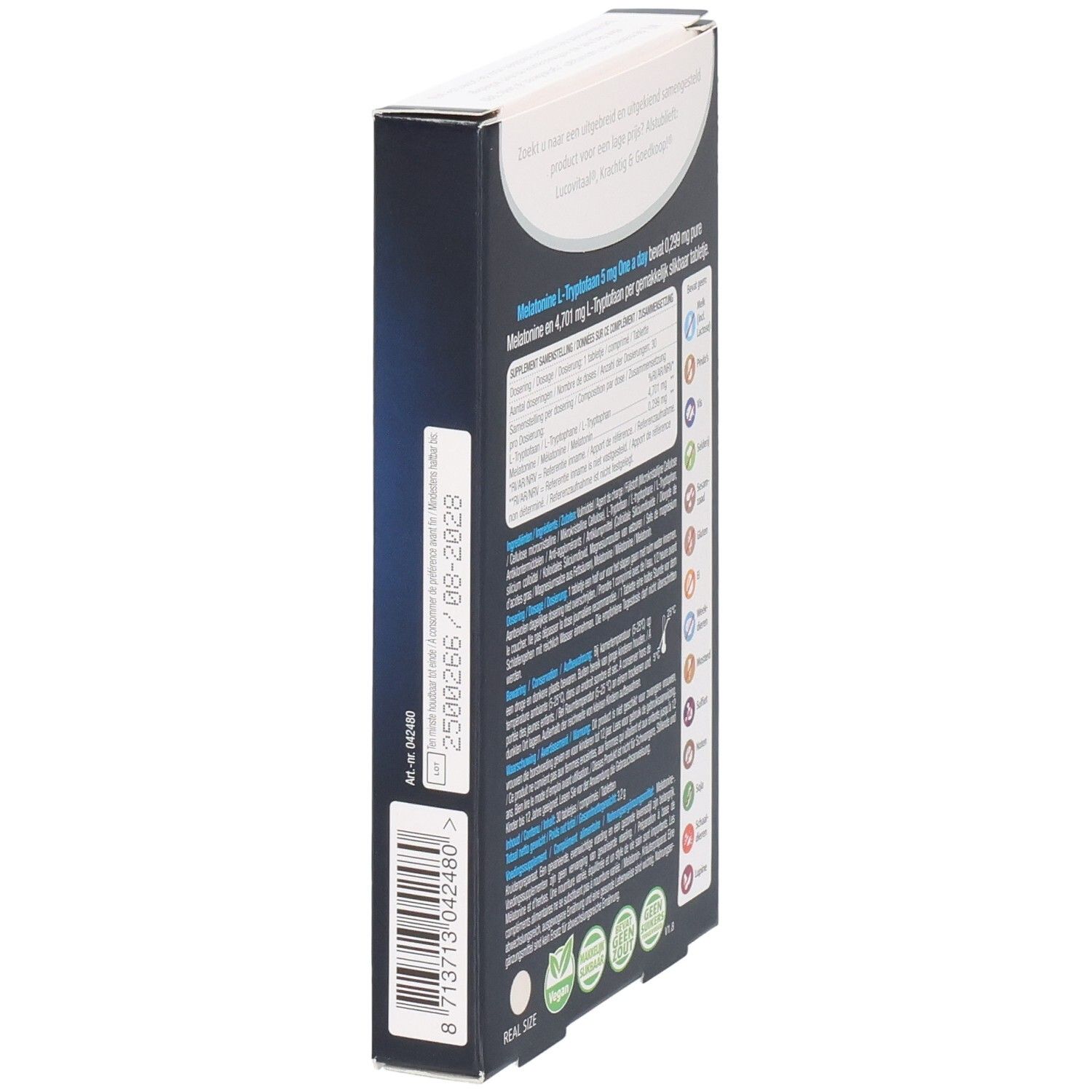 Seitenansicht der Schachtel "Lucovitaal Melatonine L-Tryptofaan". Barcode und Haltbarkeitsdatum. Blaue und weiße Verpackung.