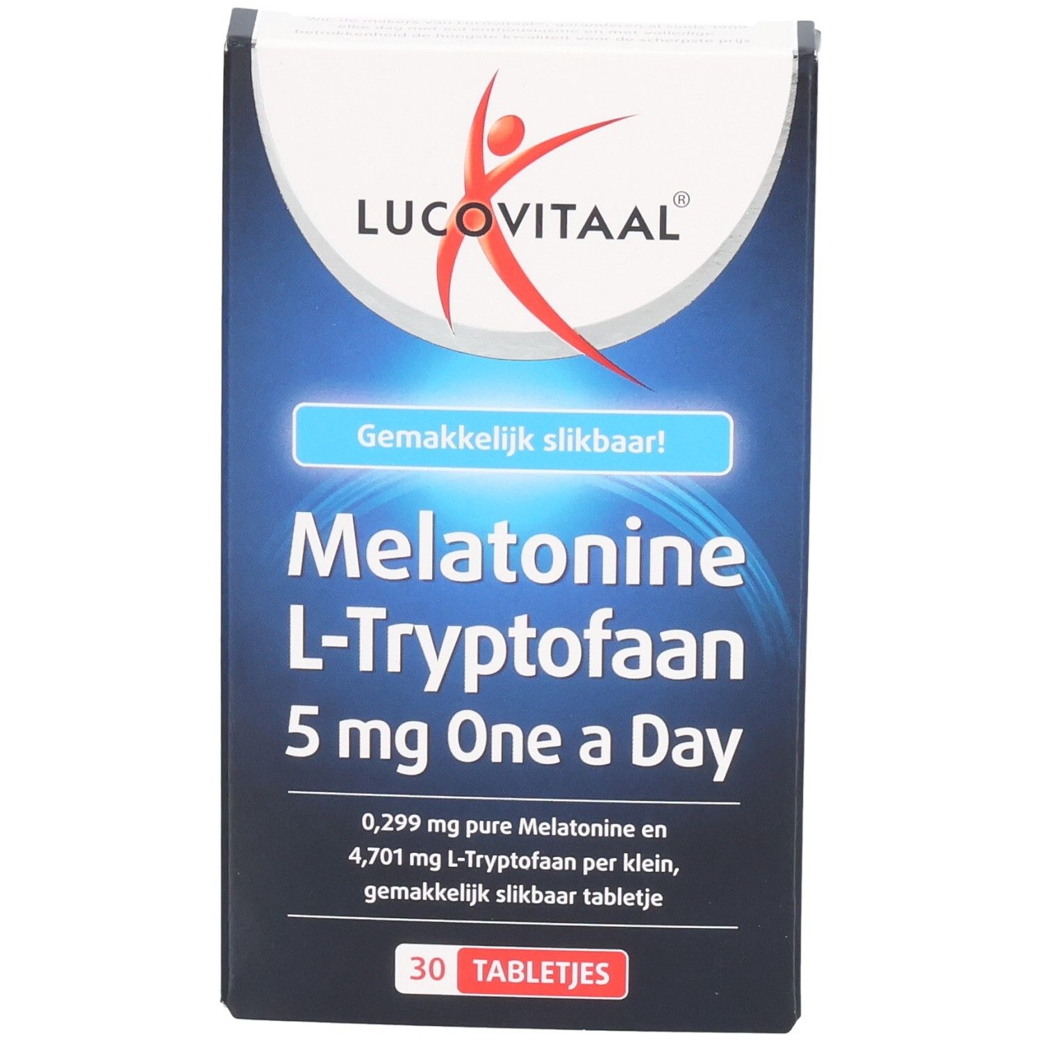 Vorderansicht der Schachtel "Lucovitaal Melatonine L-Tryptofaan". Blaue und weiße Verpackung. Enthält 30 Tabletten. "Gemakkelijk slikbaar!"