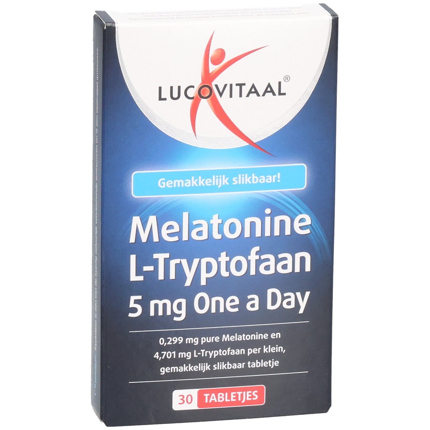 Vorderansicht der Schachtel "Lucovitaal Melatonine L-Tryptofaan". Blaue und weiße Verpackung. Enthält 30 Tabletten. "Gemakkelijk slikbaar!"