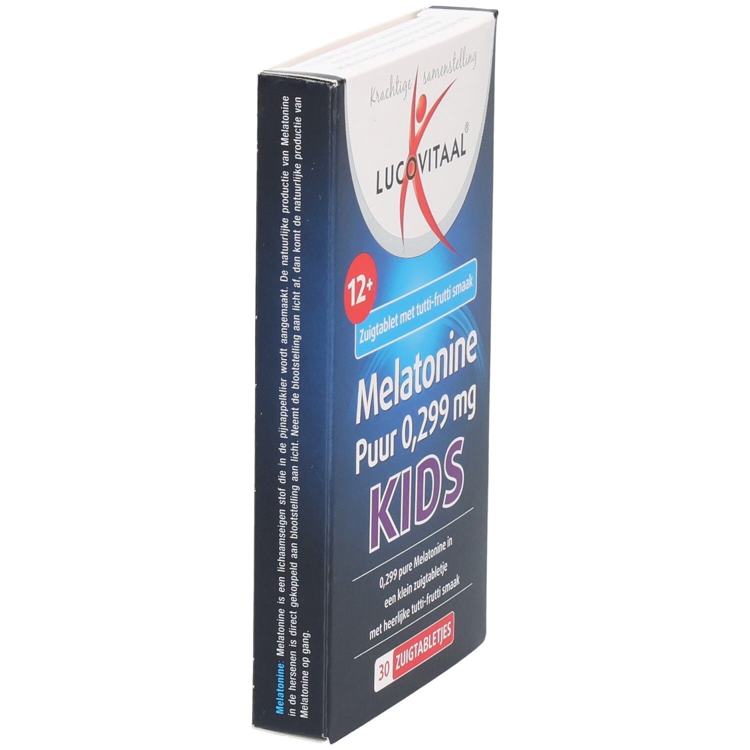 Schachtel Lucovitaal Melatonin Kids, Seitenansicht. Enthält 30 Lutschtabletten mit Tutti-Frutti-Geschmack. Für Kinder ab 12 Jahren.