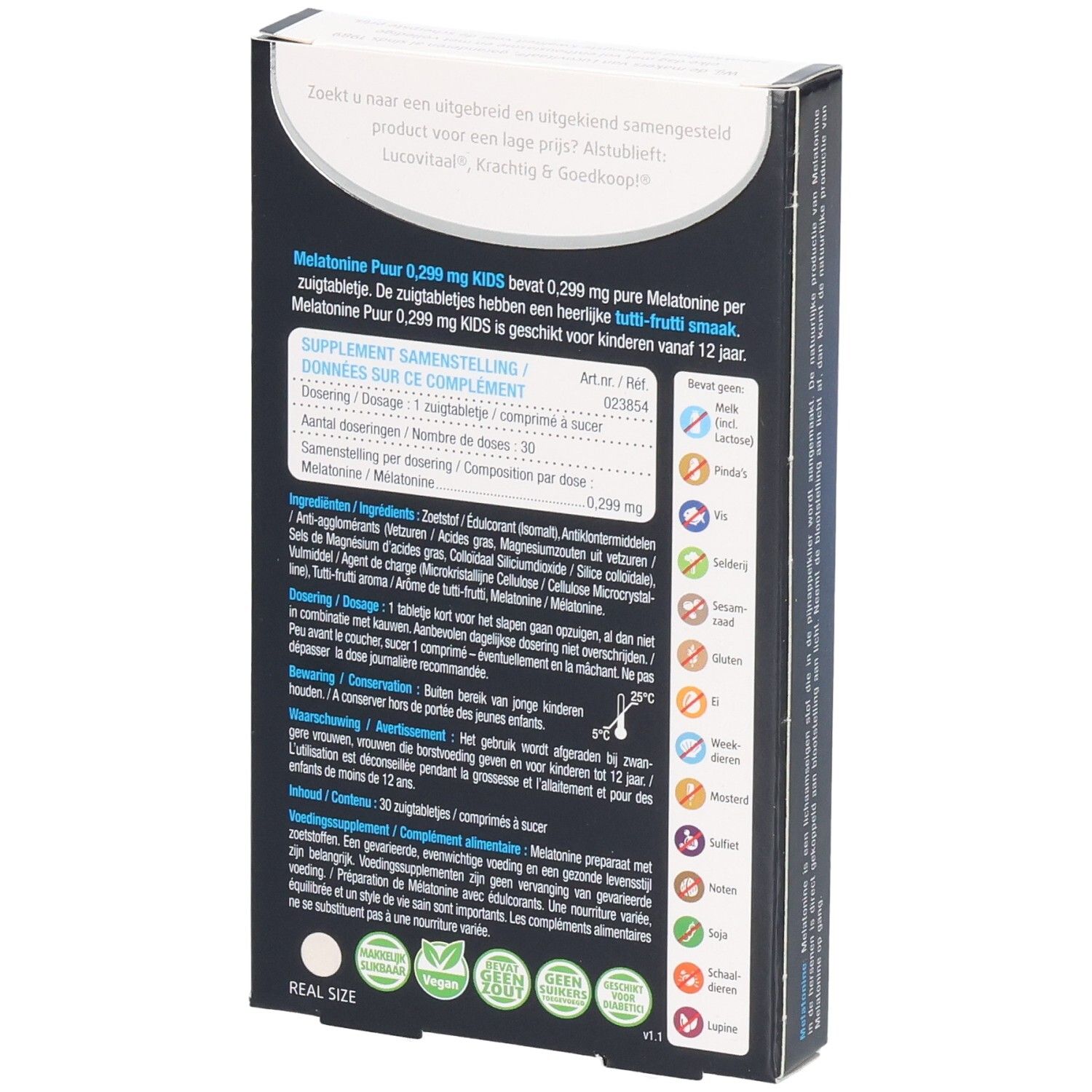 Rückseite der Schachtel Lucovitaal Melatonin Kids. Enthält Informationen zu Inhaltsstoffen und Dosierung. 30 Lutschtabletten.
