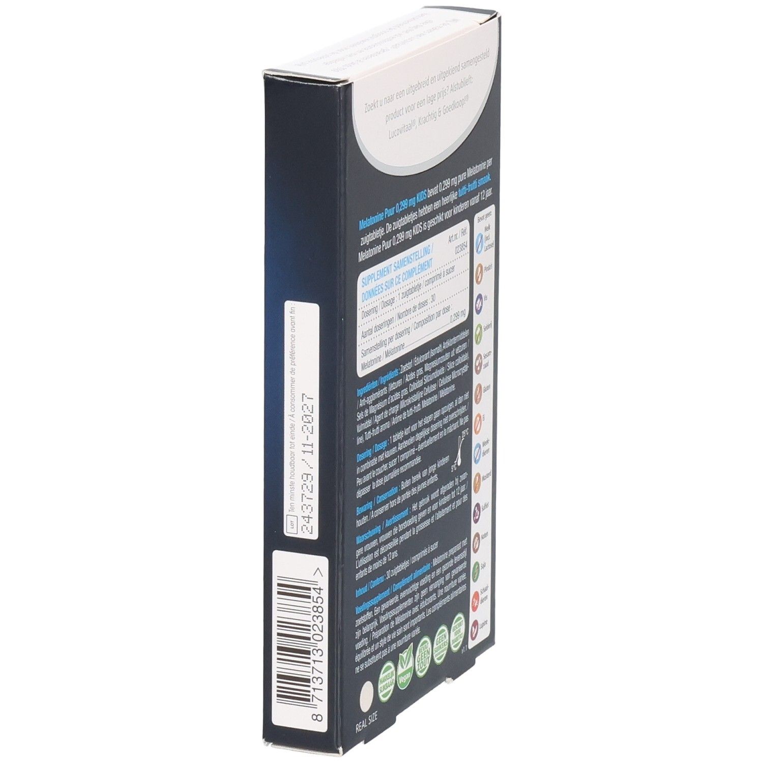 Seitenansicht der Schachtel Lucovitaal Melatonin Kids. Enthält Informationen und Barcode. 30 Lutschtabletten.