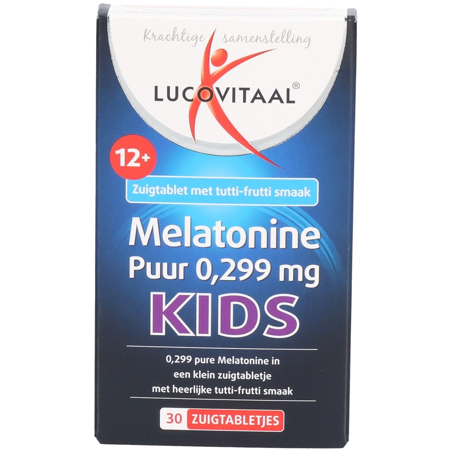 Schachtel Lucovitaal Melatonin Kids. Enthält 30 Lutschtabletten mit Tutti-Frutti-Geschmack. Für Kinder ab 12 Jahren.