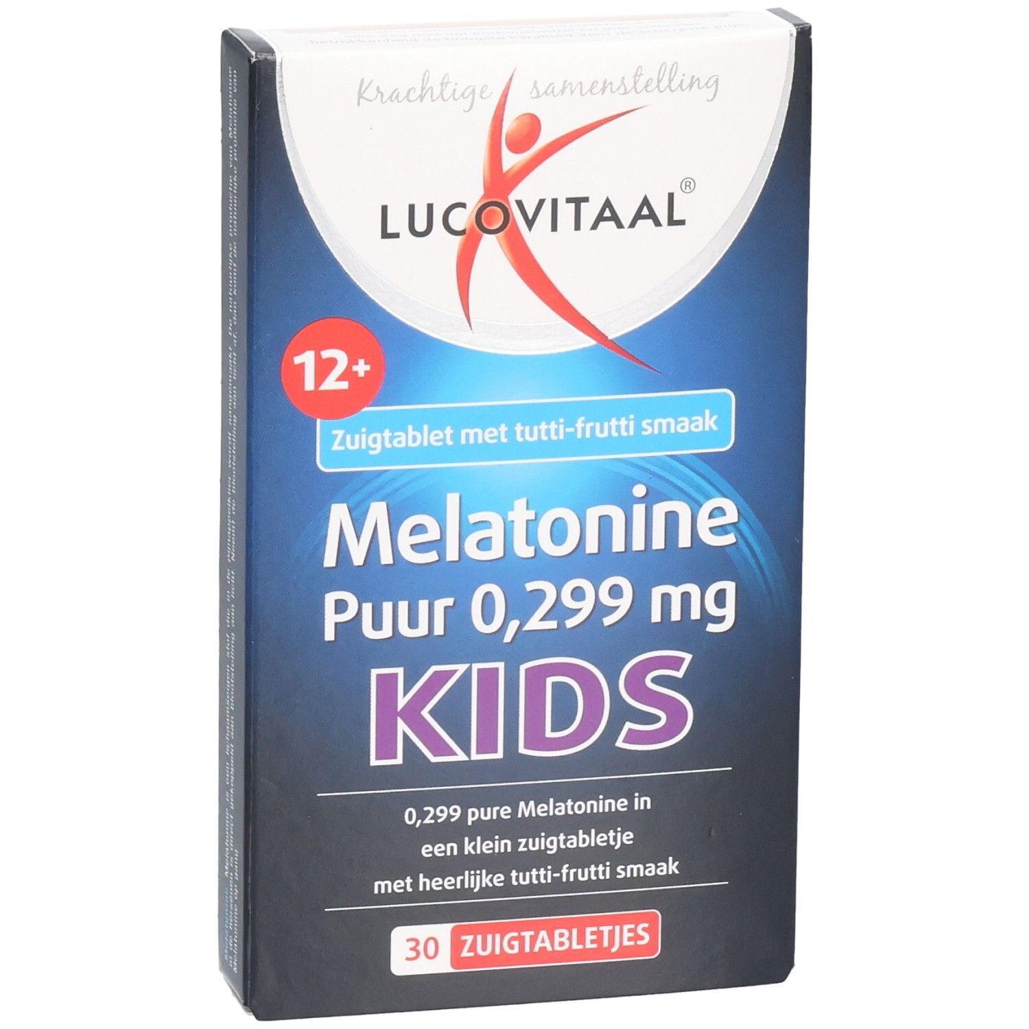 Schachtel Lucovitaal Melatonin Kids. Enthält 30 Lutschtabletten mit Tutti-Frutti-Geschmack. Für Kinder ab 12 Jahren.