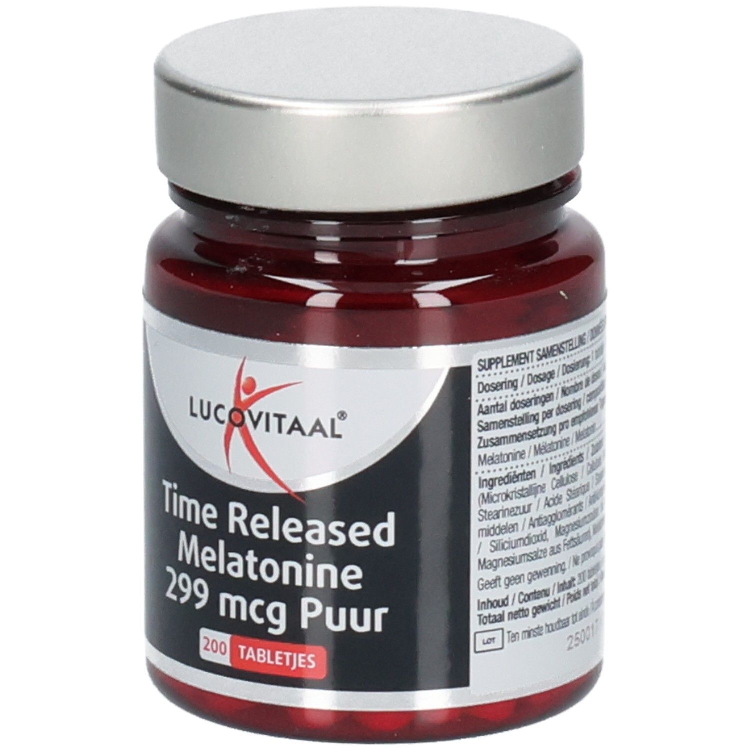 Braune Glasflasche mit silbernem Deckel. Aufschrift: Time Released Melatonine 299 mcg Puur. 200 Tabletten.