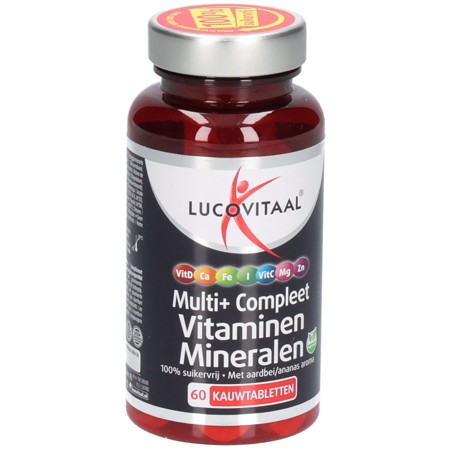Braune Flasche mit Tabletten. Aufschrift: Lucovitaal, Multi+ Compleet Vitaminen Mineralen. 60 Kautabletten. Deckel mit 100% Aufkleber.