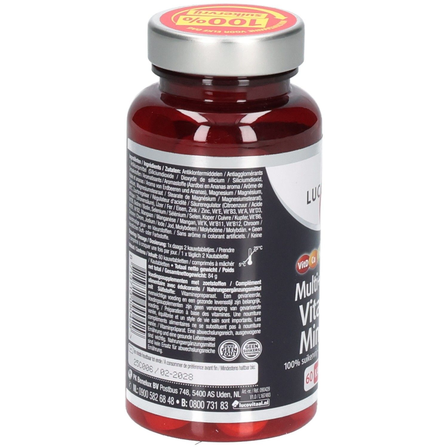 Rückseite der Flasche mit Inhaltsangaben und Herstellerinformationen. Aufschrift: Lucovitaal, Multi+ Compleet Vitaminen Mineralen. 60 Kautabletten.