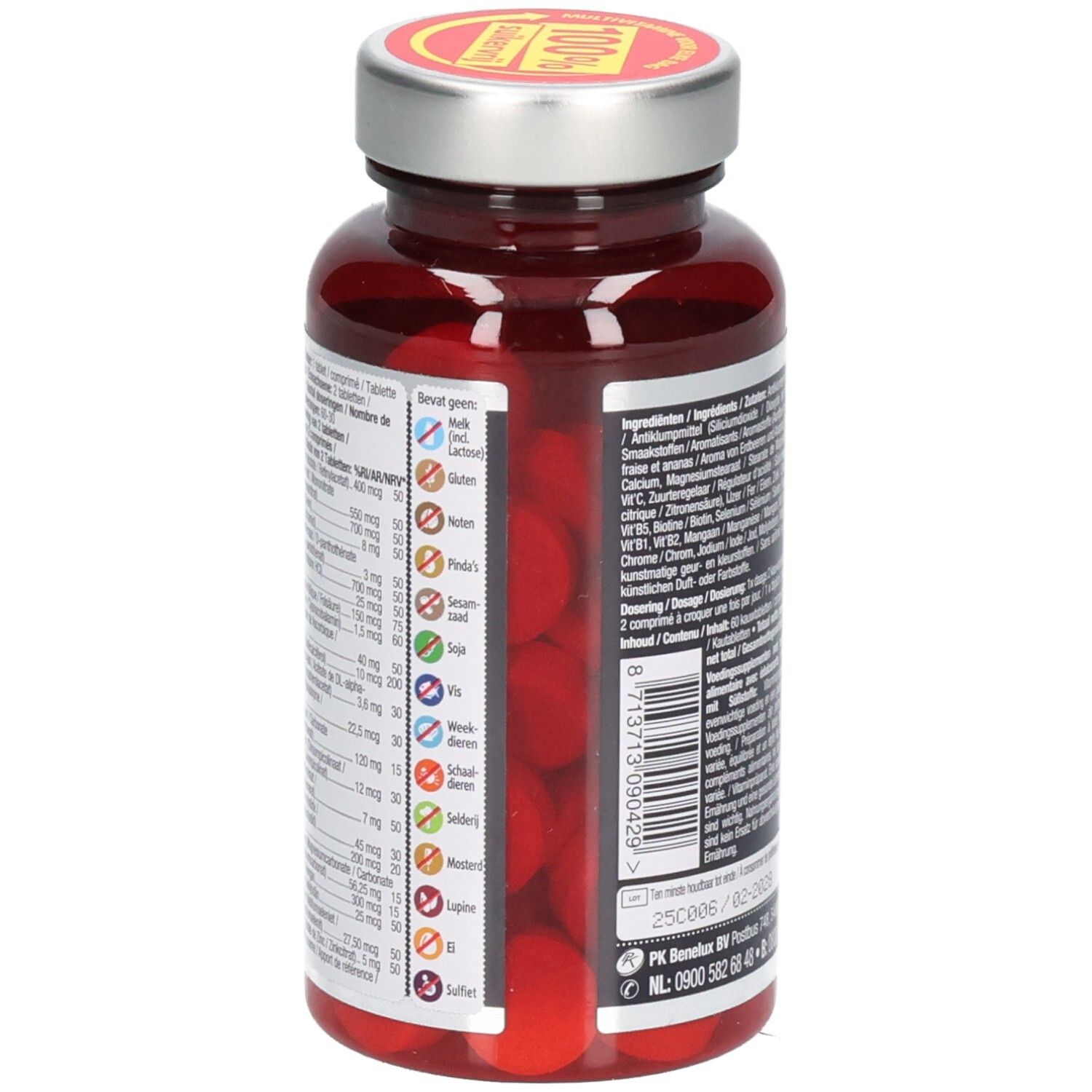 Flasche mit Tabletten von der Seite. Sichtbar sind Tabletten. Aufschrift: Lucovitaal, Multi+ Compleet Vitaminen Mineralen. 60 Kautabletten.
