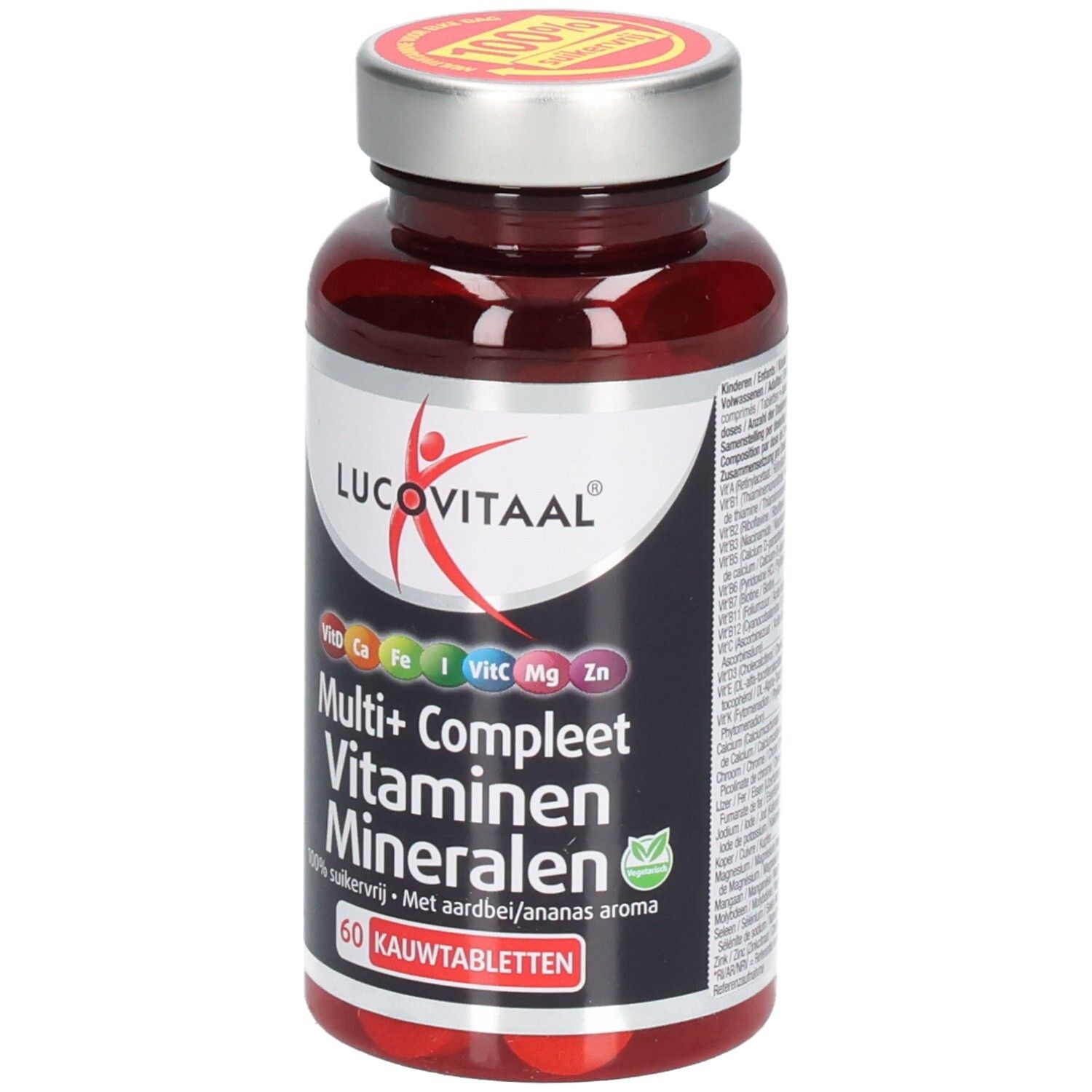 Braune Flasche mit Tabletten. Aufschrift: Lucovitaal, Multi+ Compleet Vitaminen Mineralen. 60 Kautabletten. Deckel mit 100% Aufkleber. Grün-Logo.