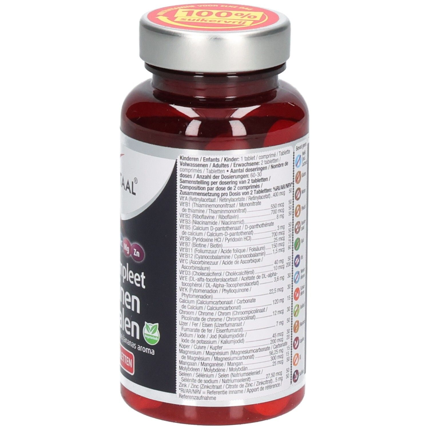 Rückseite der Flasche mit Inhaltsangaben und Dosierung. Aufschrift: Lucovitaal, Multi+ Compleet Vitaminen Mineralen. 60 Kautabletten. Grün-Logo.