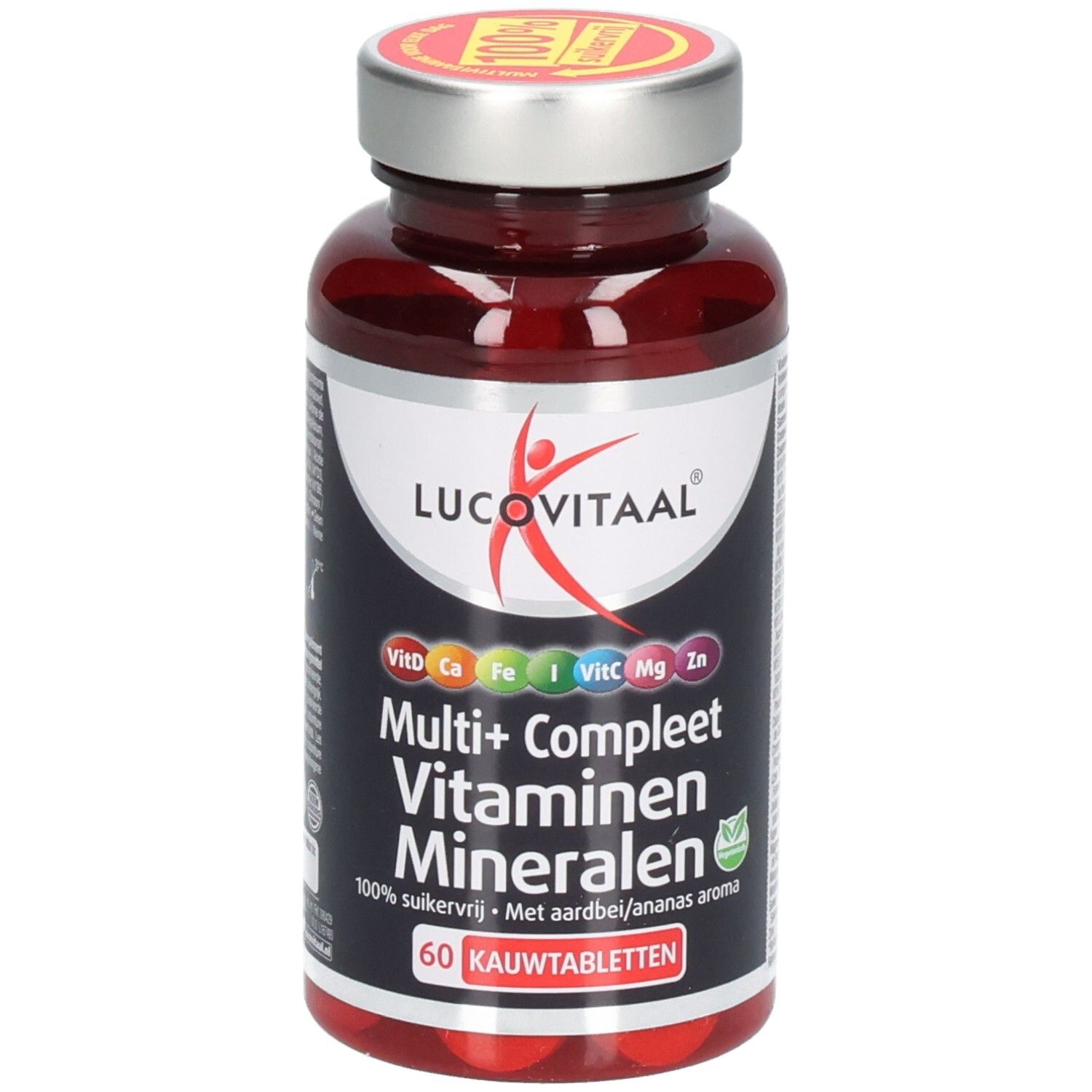 Braune Flasche mit Tabletten. Aufschrift: Lucovitaal, Multi+ Compleet Vitaminen Mineralen. 60 Kautabletten. Deckel mit 100% Aufkleber. Grün-Logo.