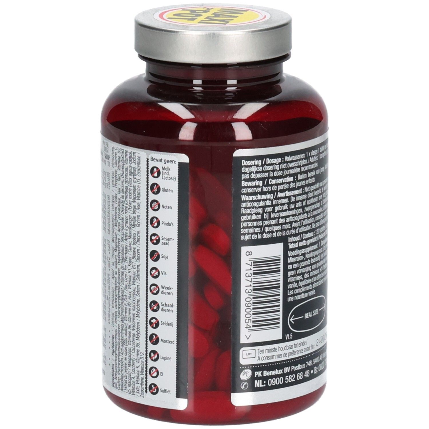 Rückansicht der Flasche mit Kapseln. Auf der Rückseite sind Informationen und ein Barcode abgebildet.