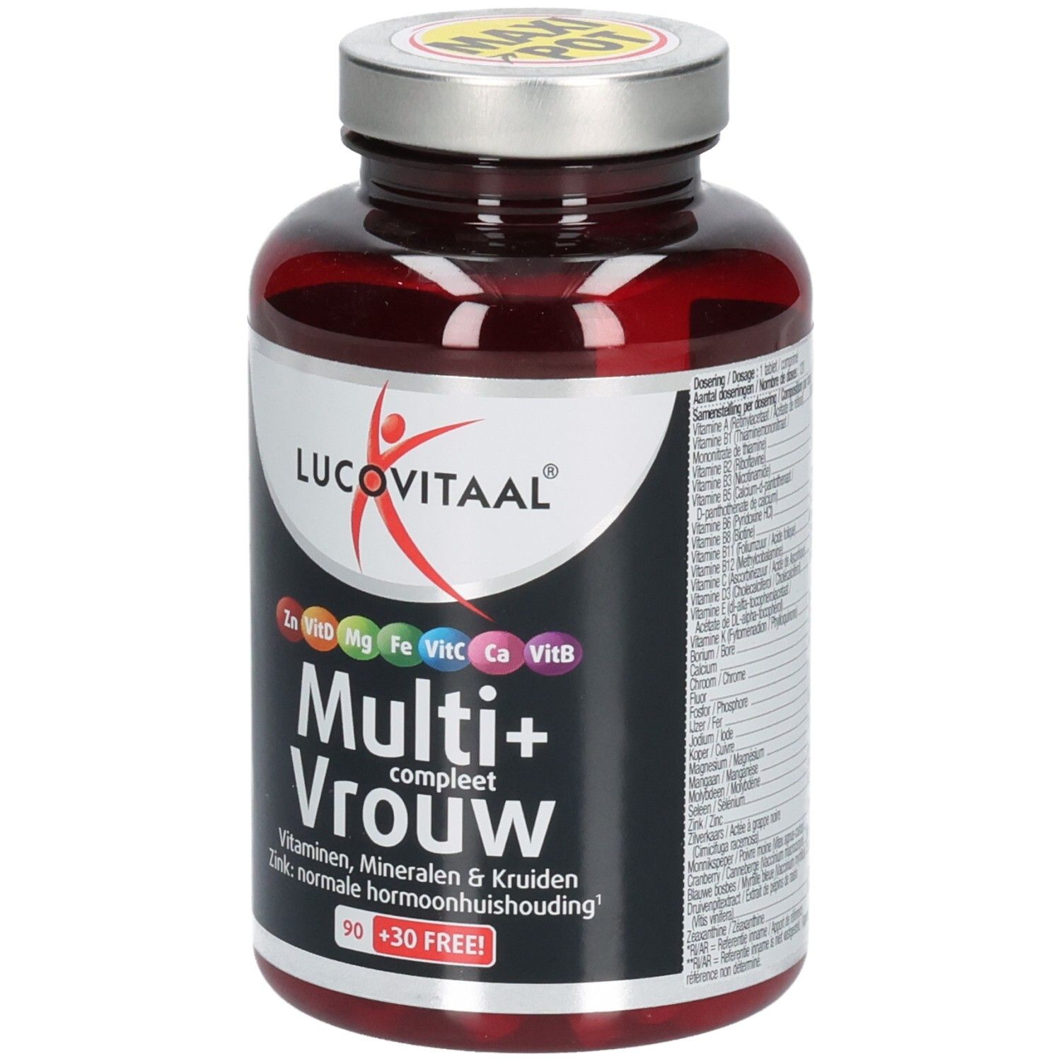 Braune Flasche mit Kapseln. Aufschrift: Lucovitaal Multi+ Vrouw. Enthält Vitamine, Mineralien und Kräuter. 90+30 Tabletten.