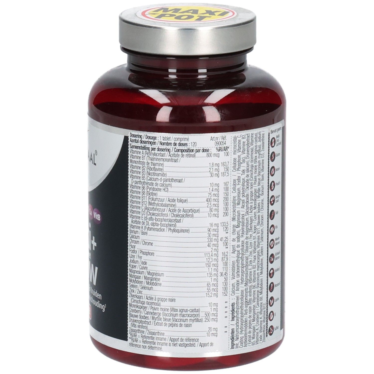 Rückseite der Flasche mit Text. Enthält Informationen zu Dosierung, Inhaltsstoffen und Warnhinweisen.