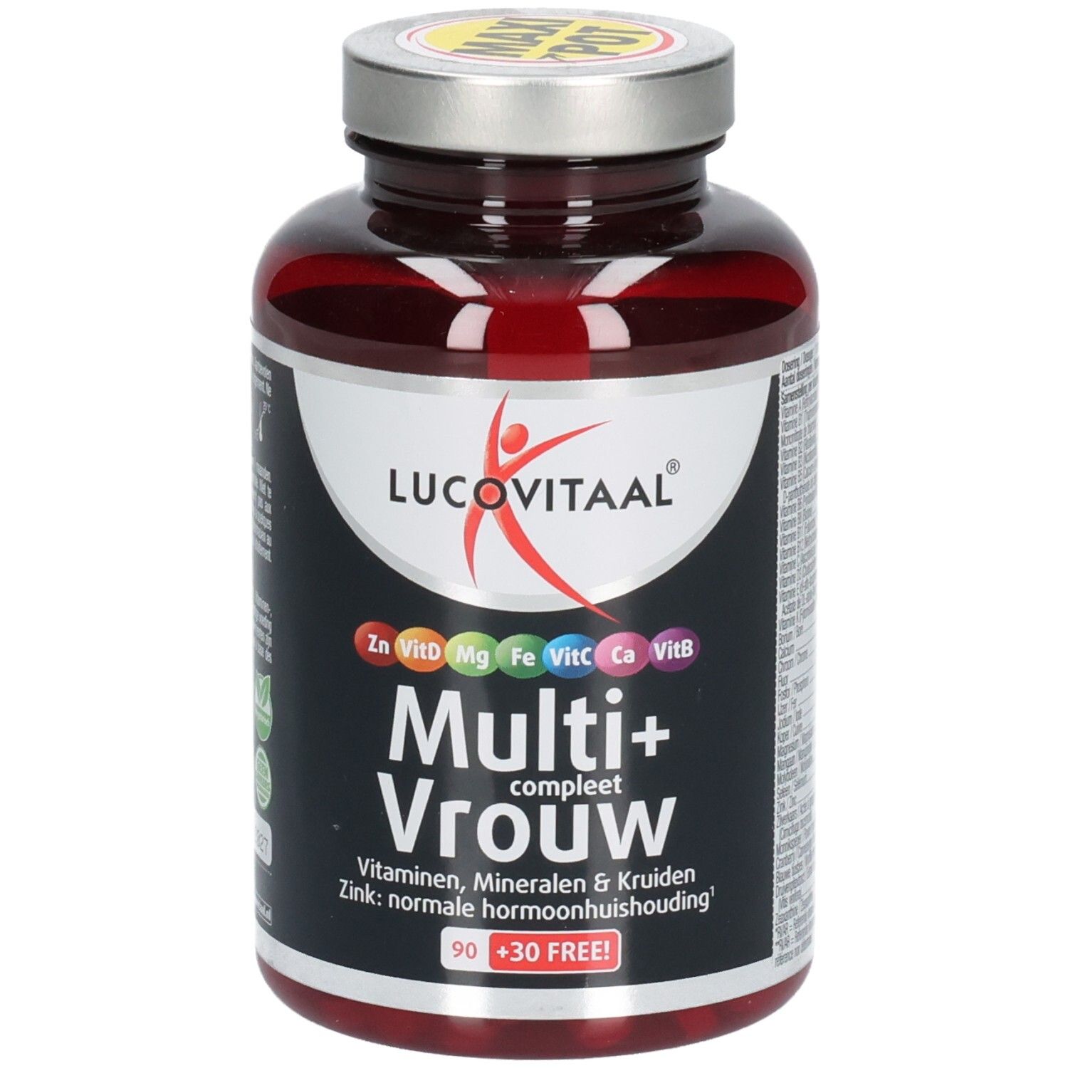 Braune Flasche mit Kapseln. Aufschrift: Lucovitaal Multi+ Vrouw. Enthält Vitamine, Mineralien und Kräuter. 90+30 Tabletten.