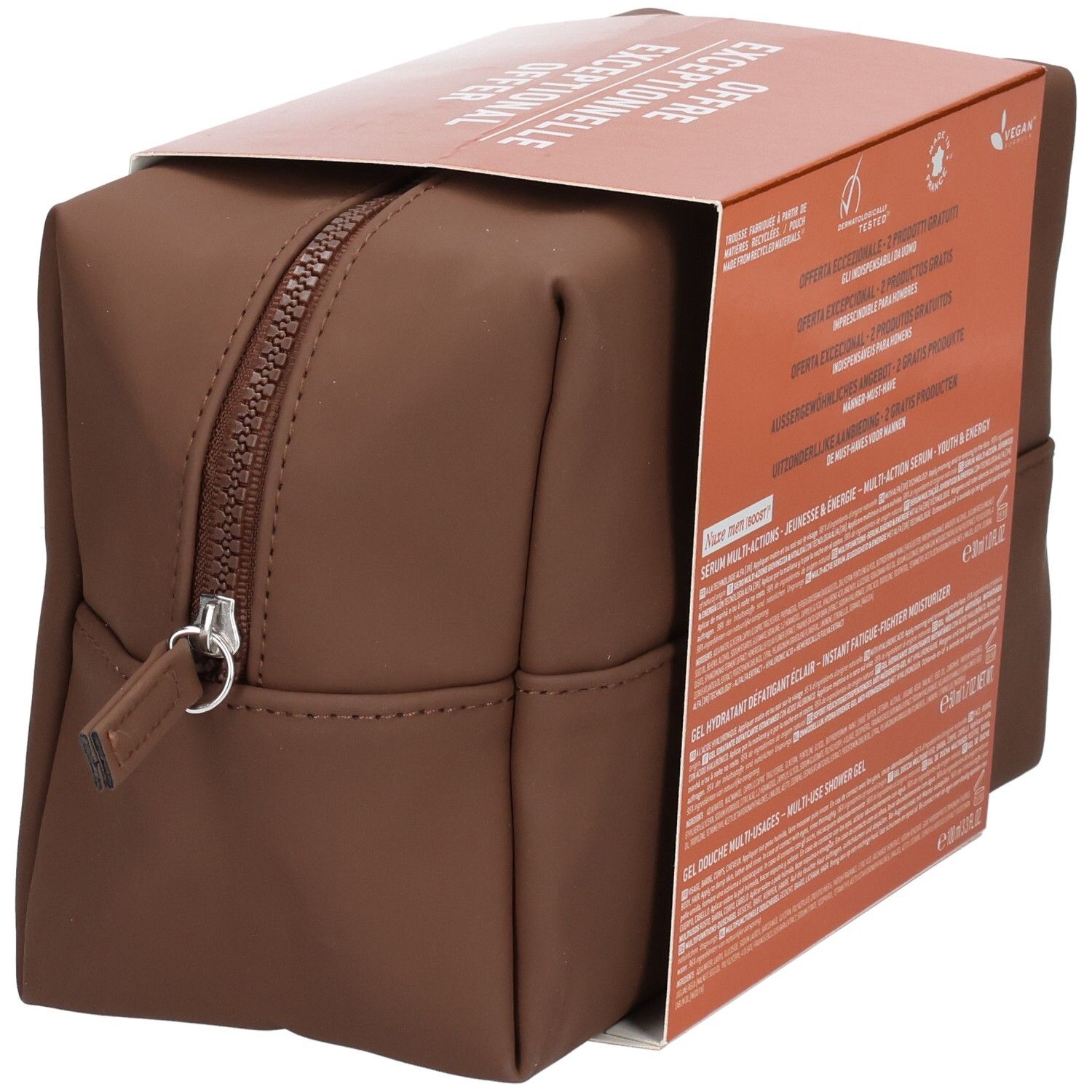 Nuxe Men Must-Haves Kosmetiktasche, schräge Ansicht mit Produktinformationen.