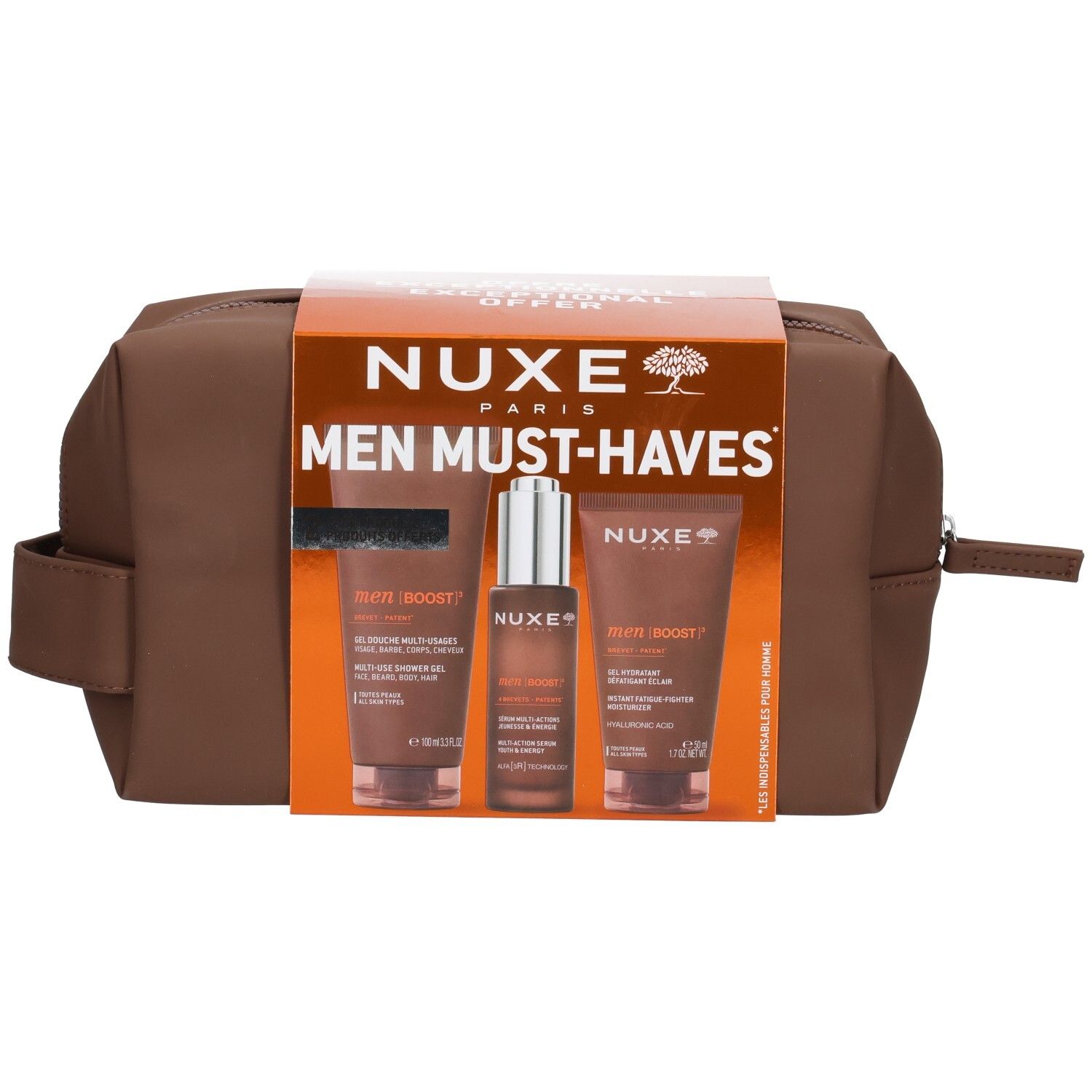 Nuxe Men Must-Haves Kosmetiktasche mit drei Pflegeprodukten, Frontansicht.