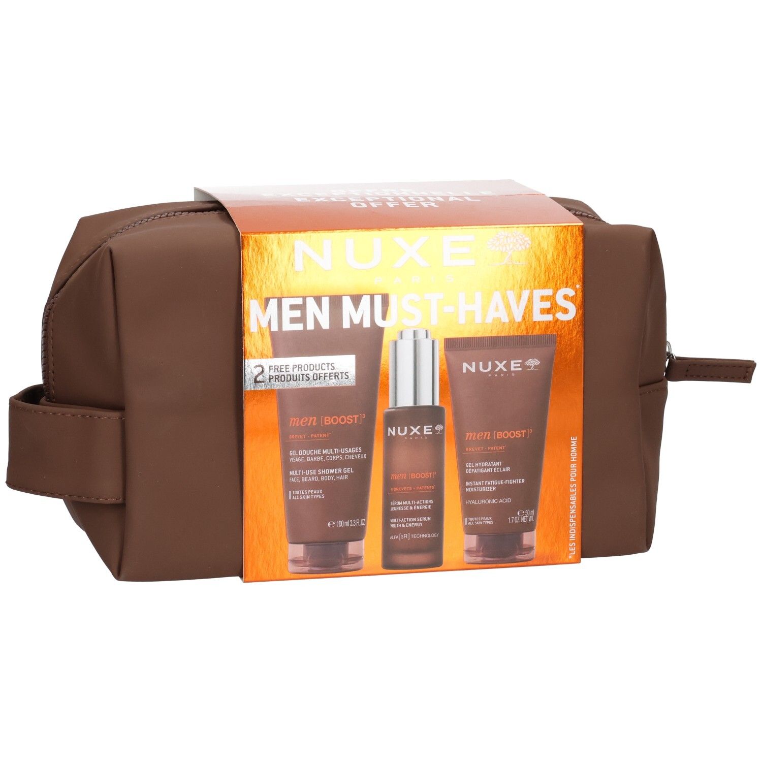 Nuxe Men Must-Haves Kosmetiktasche mit drei Pflegeprodukten, Frontansicht.