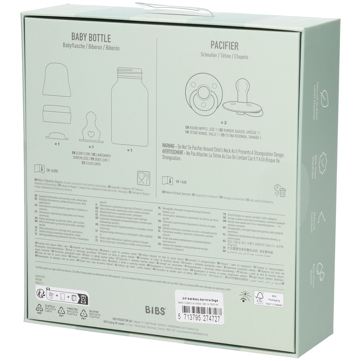 Rückseite der Geschenkbox mit Produktabbildungen und Informationen. Enthält Babyflasche und Schnuller.