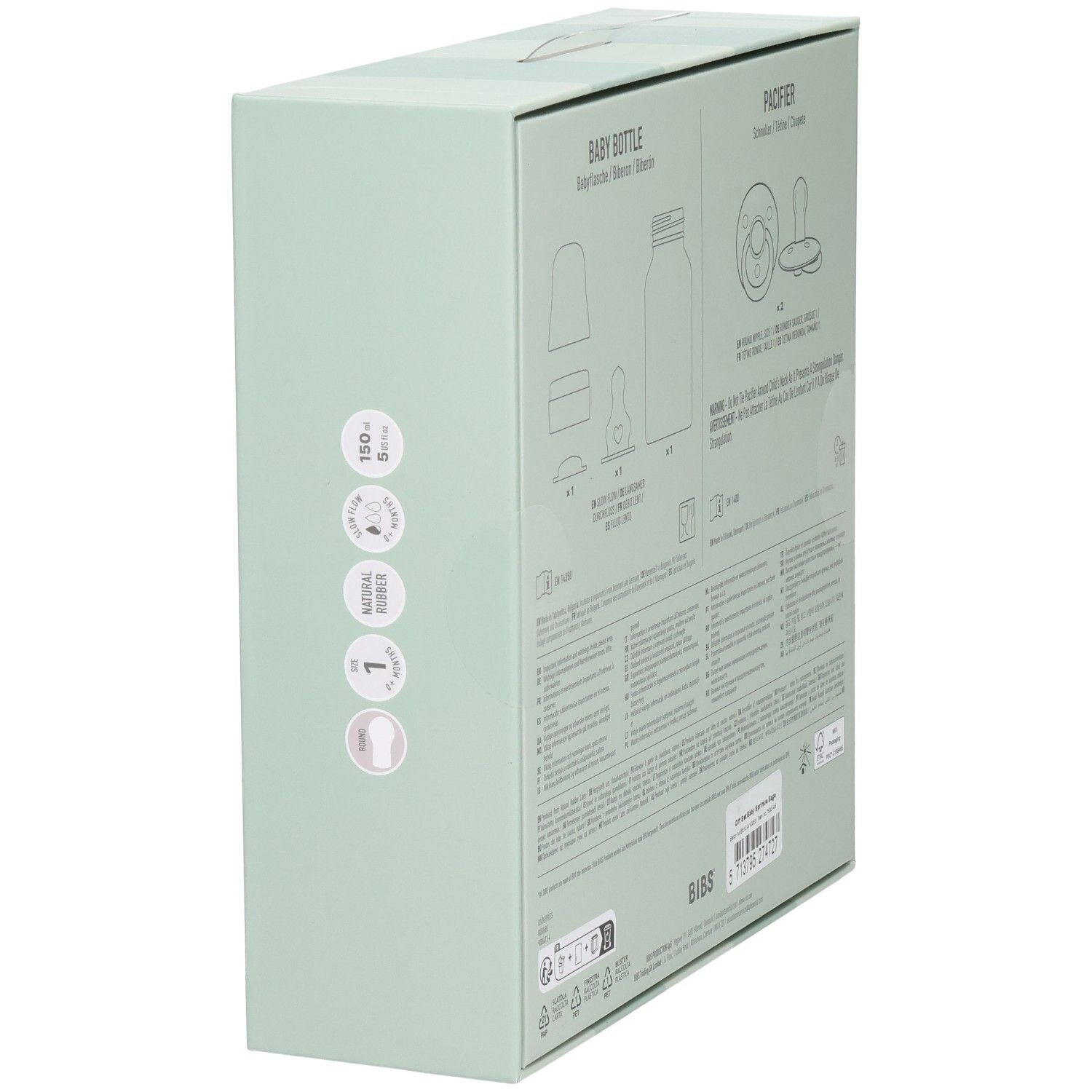 Seitenansicht der Geschenkbox mit Produktabbildungen und Informationen. Enthält Babyflasche und Schnuller.