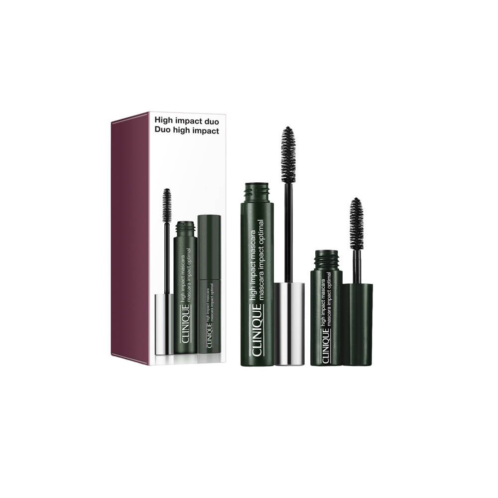 Clinique High Impact Duo Mascara Set mit zwei dunkelgrünen Tuben und Applikatoren.