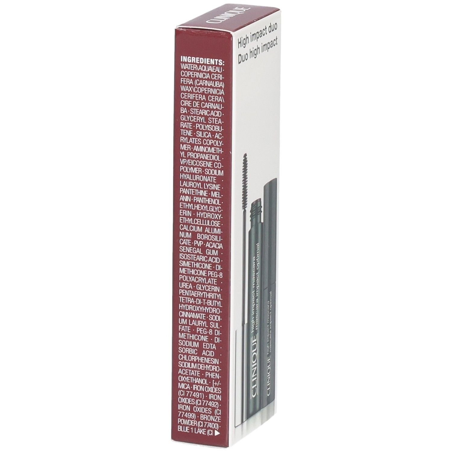 Rückseite der Clinique High Impact Duo Mascara-Verpackung mit Inhaltsstoffen.