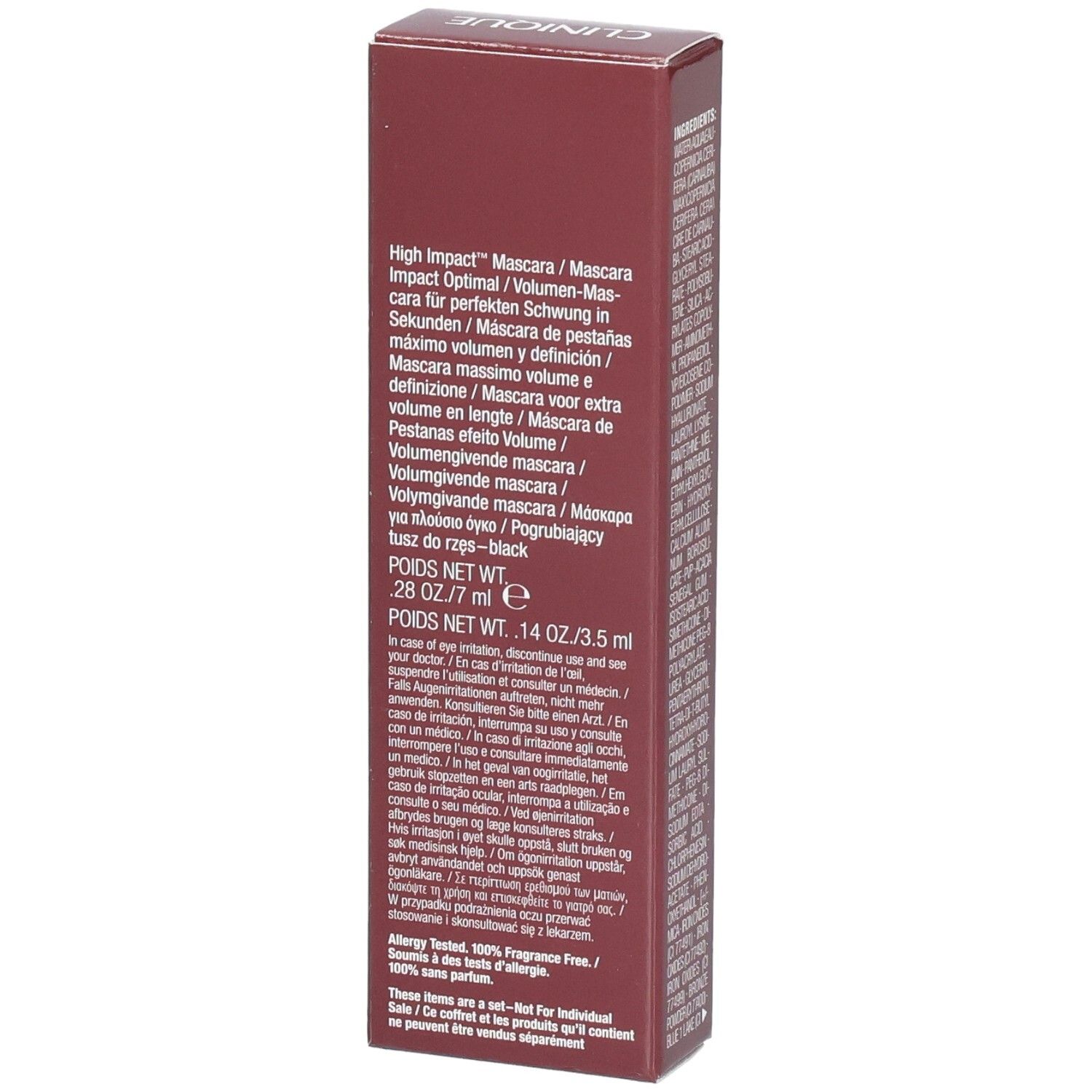 Seite der Clinique High Impact Duo Mascara-Verpackung mit Produktinformationen.