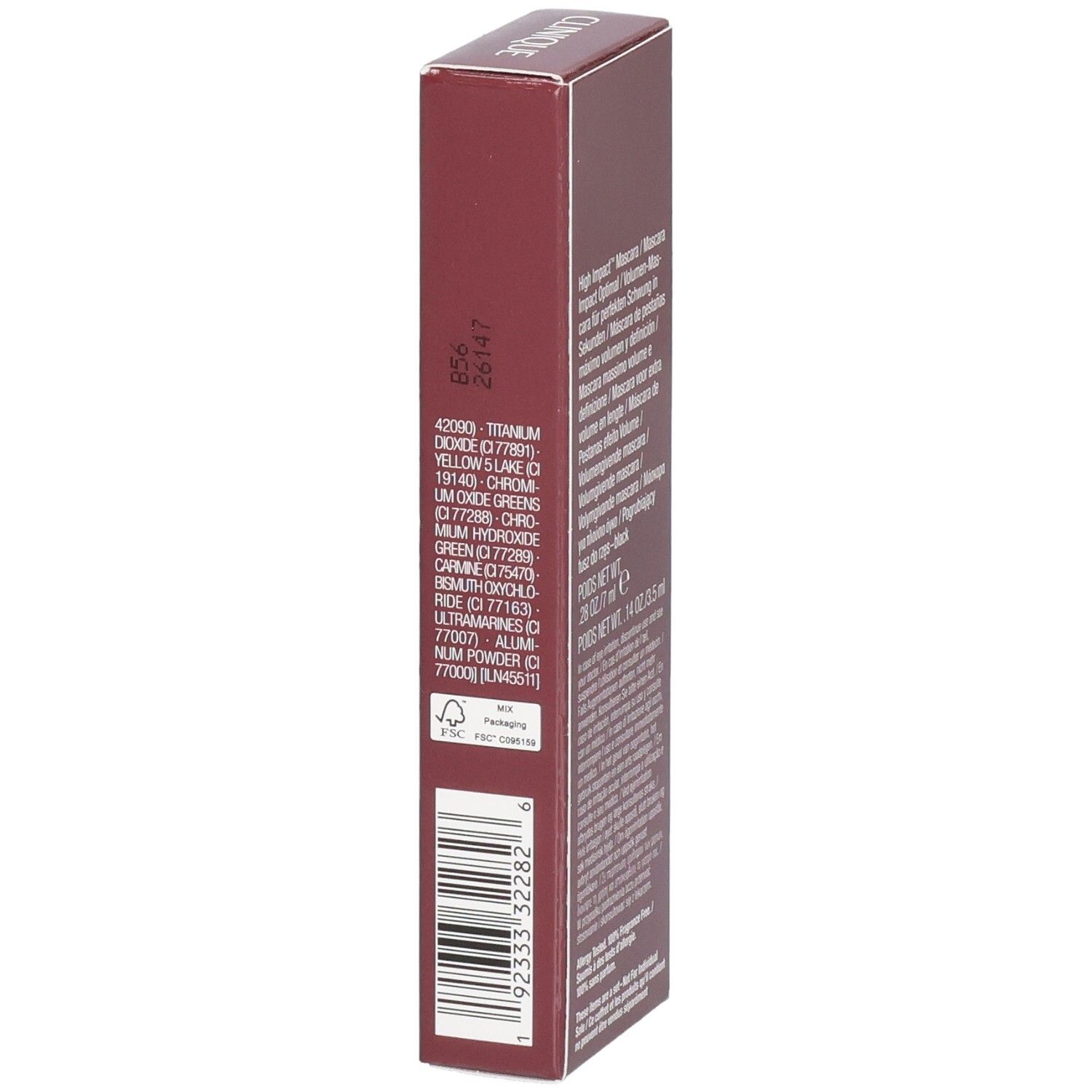 Seite der Clinique High Impact Duo Mascara-Verpackung mit Barcode und Zertifizierungen.