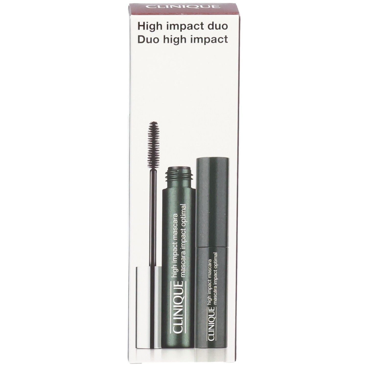 Clinique High Impact Duo Mascara-Verpackung mit geöffneter Vorderseite, zeigt zwei Tuben und Applikatoren.