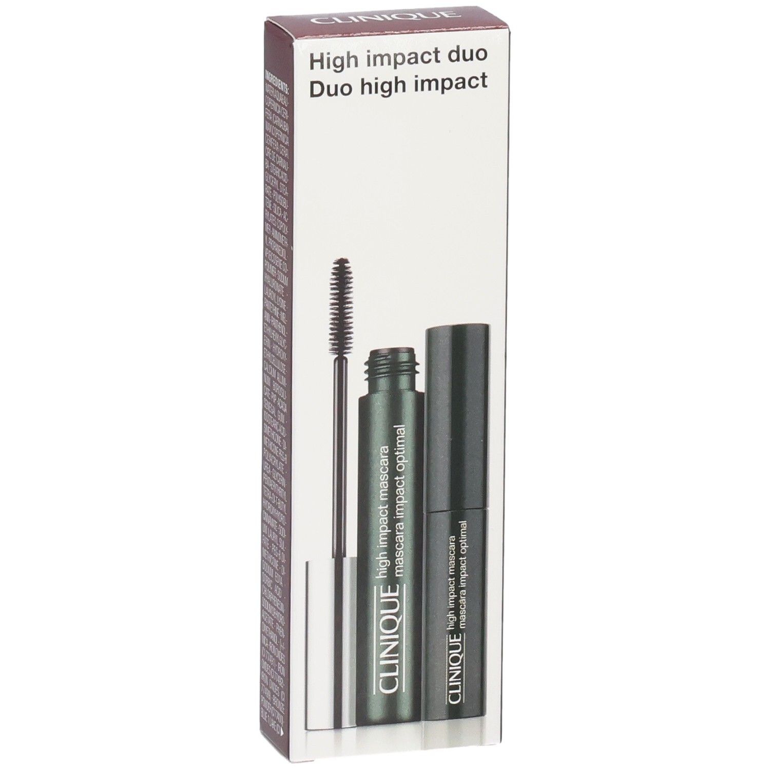 Clinique High Impact Duo Mascara-Verpackung mit geöffneter Vorderseite, zeigt zwei Tuben und Applikatoren.