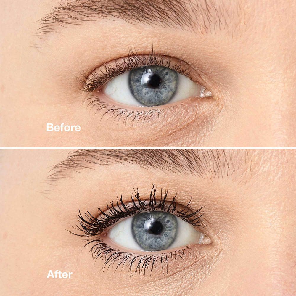 Vorher-Nachher-Vergleich von Mascara auf Wimpern.