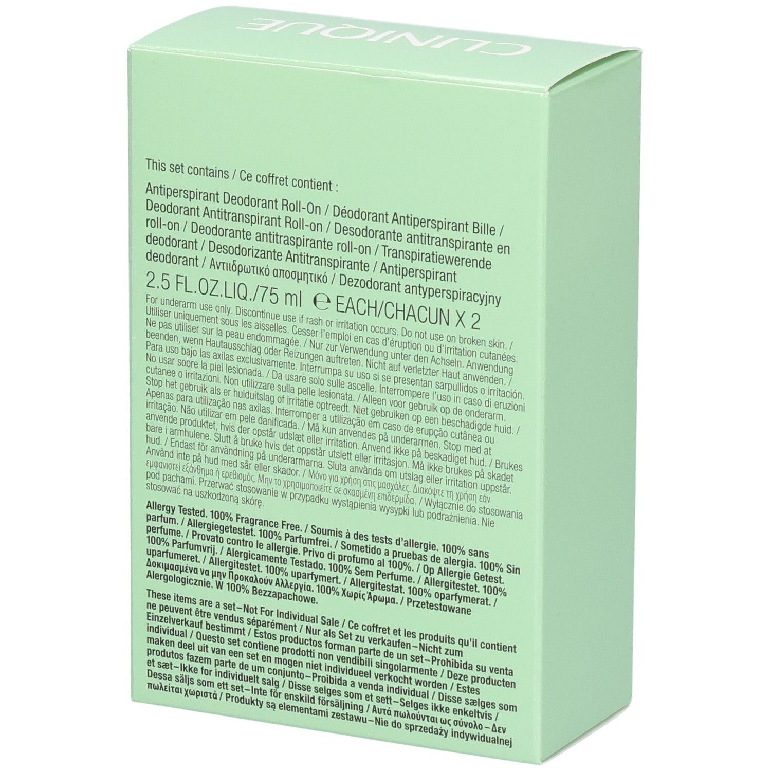 Clinique Duo Deodorant im Karton, Seitenansicht, zwei Roll-ons, duftfrei.