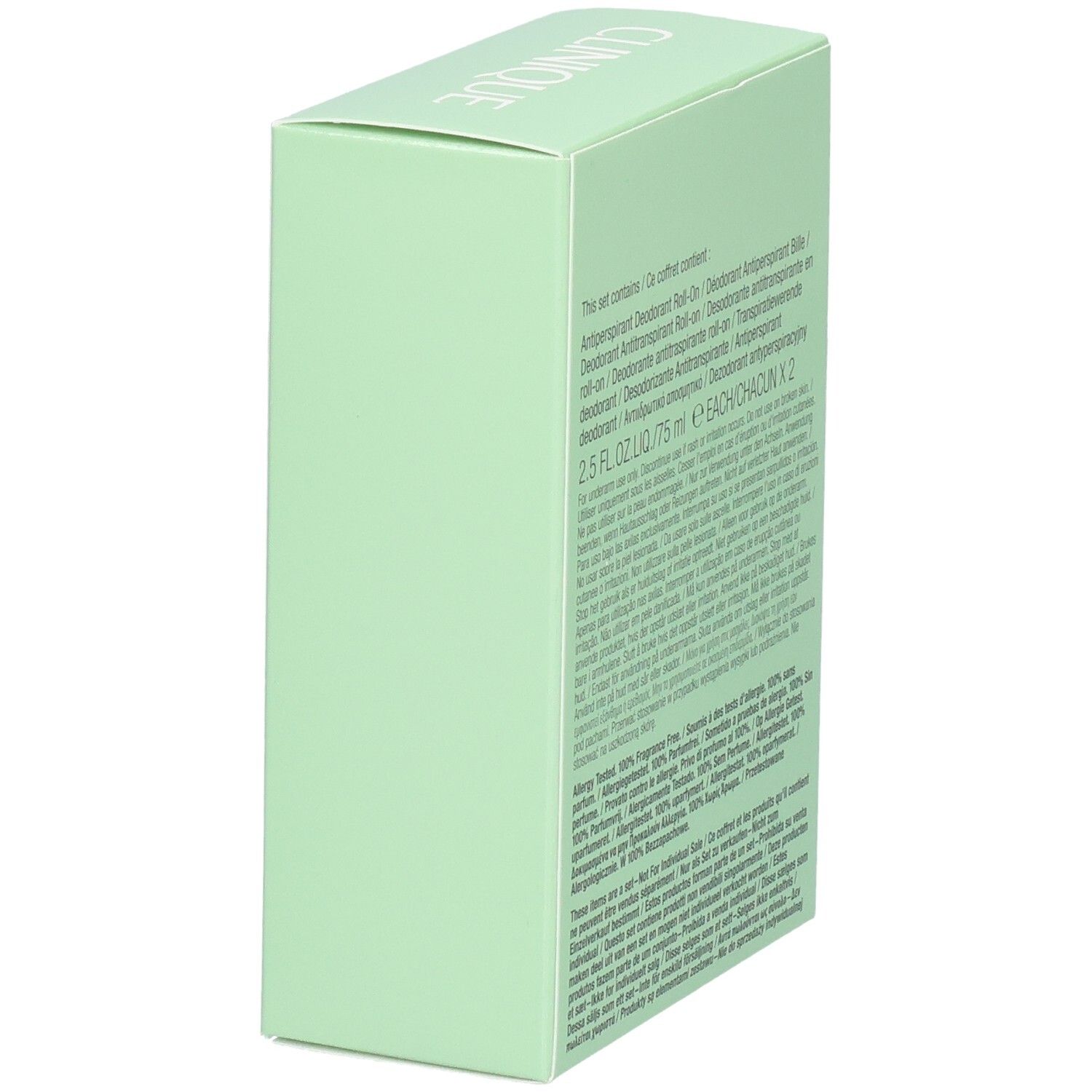 Clinique Duo Deodorant im Karton, Seitenansicht, zwei Roll-ons, duftfrei.