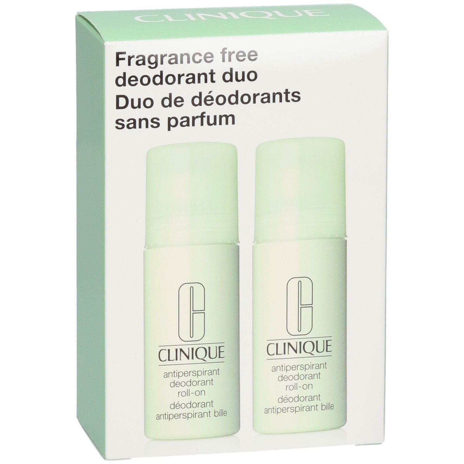 Clinique Duo Deodorant im Karton, Vorderansicht, zwei Roll-ons, duftfrei.