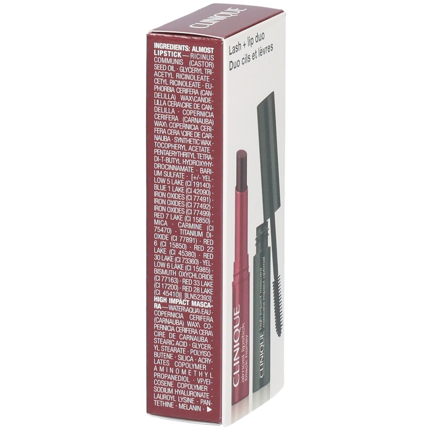 Clinique Lash + Lip Duo: Verpackungsrückseite mit Inhaltsstoffen für Lippenstift und Mascara.